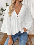 Solid V Neck Ruffle Sleeve Cotton Top
