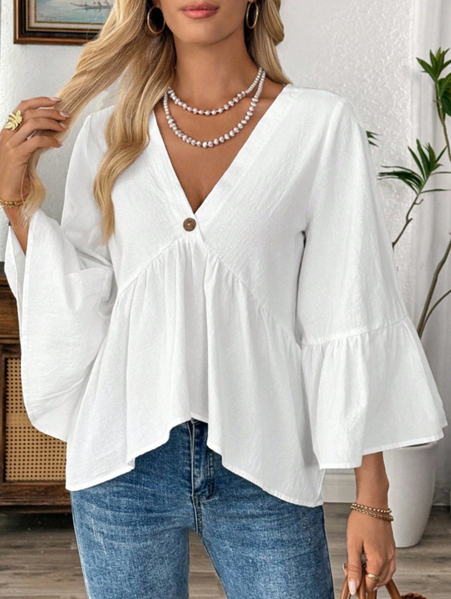 Solid V Neck Ruffle Sleeve Cotton Top