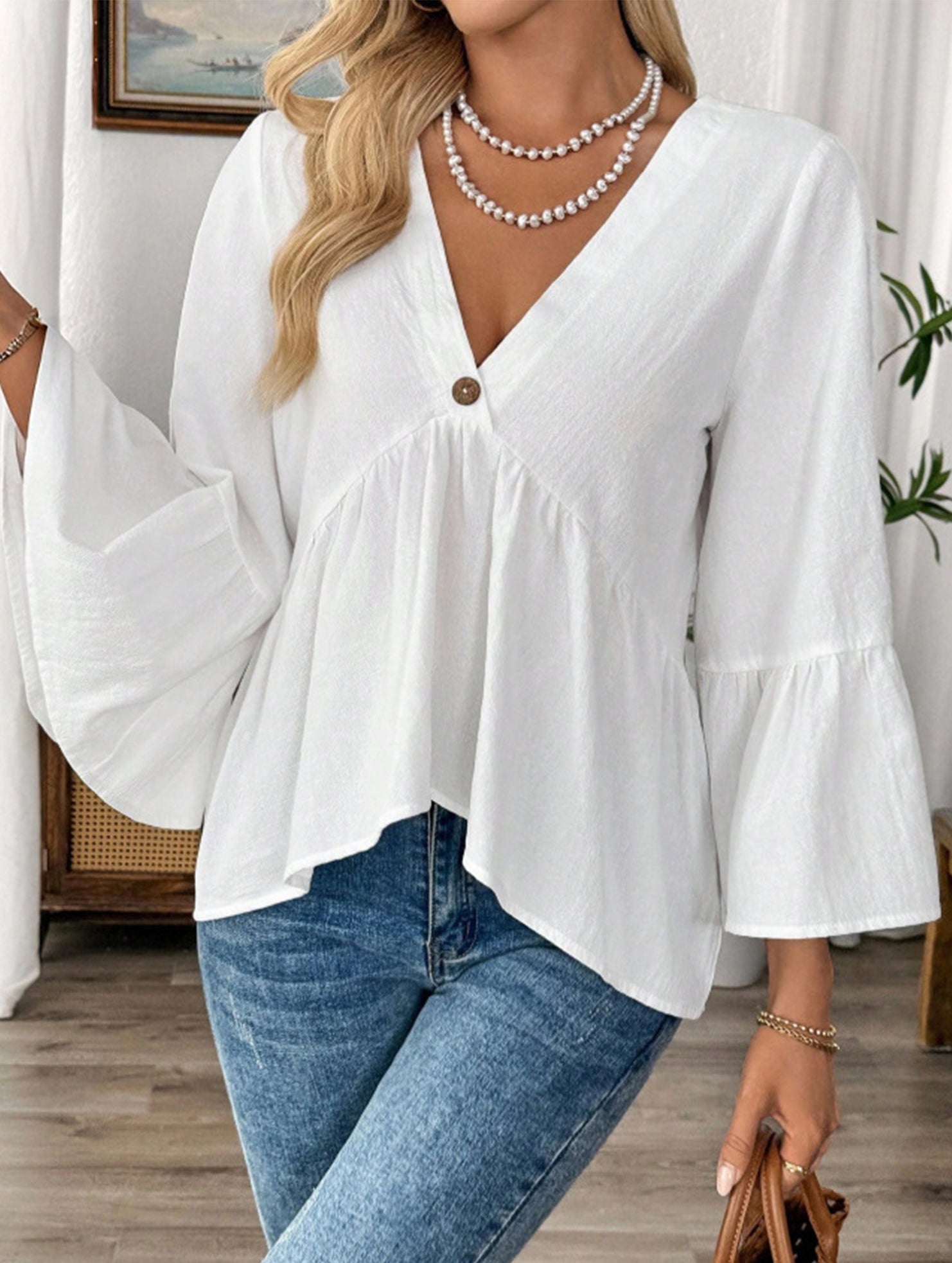 Solid V Neck Ruffle Sleeve Cotton Top