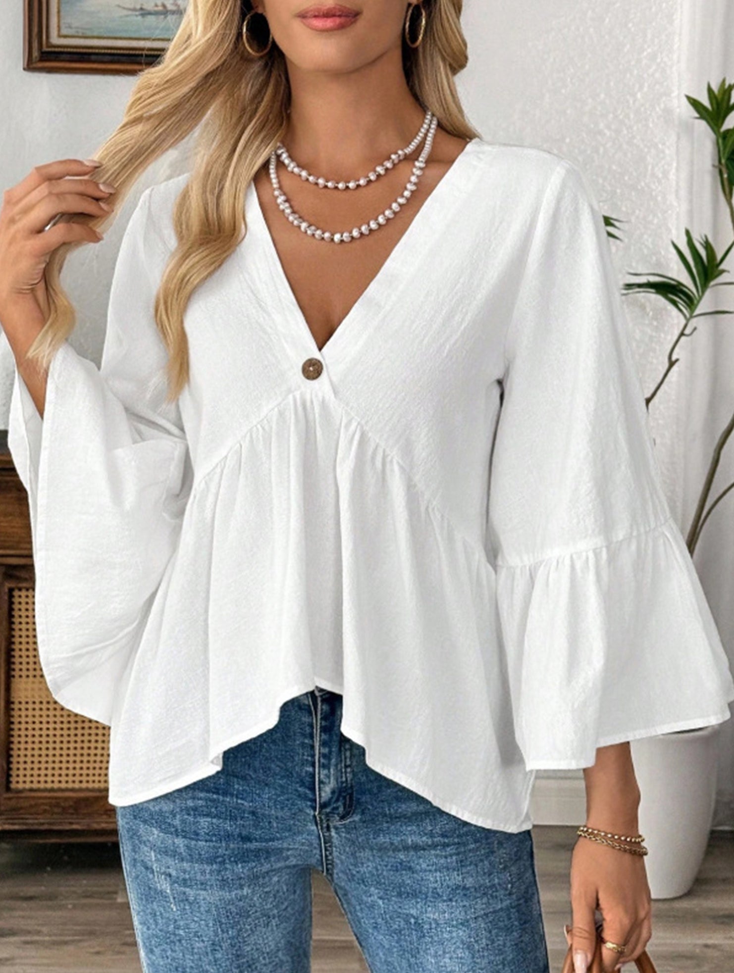 Solid V Neck Ruffle Sleeve Cotton Top