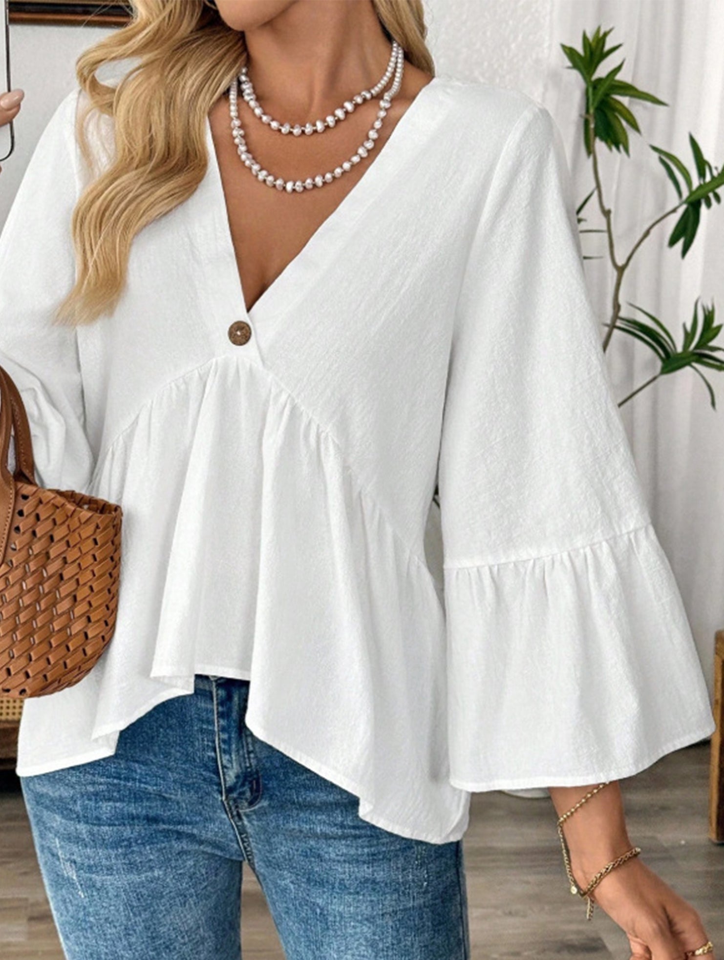 Solid V Neck Ruffle Sleeve Cotton Top