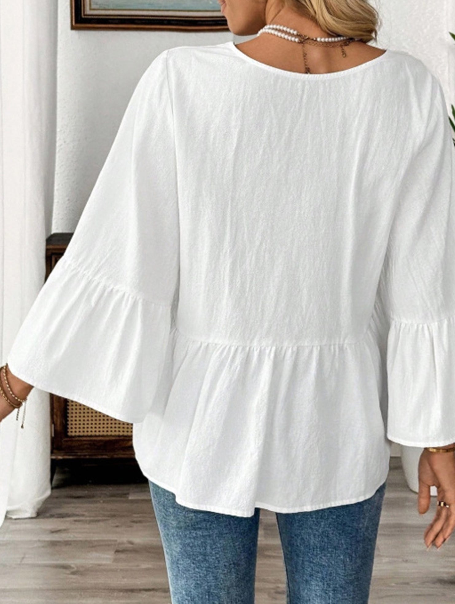 Solid V Neck Ruffle Sleeve Cotton Top