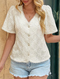 V Neck Lace Trim Jacquard Blouse