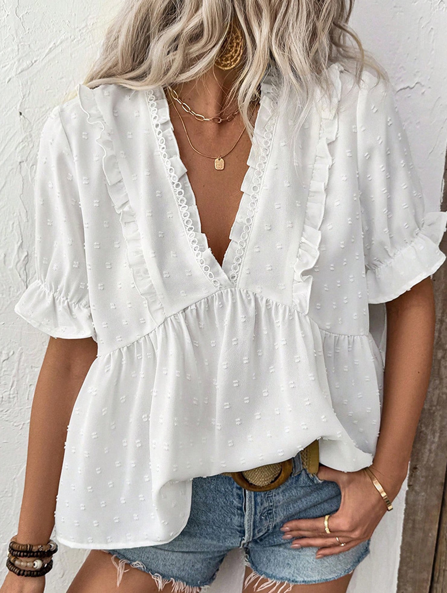 Floral Cutwork Short Sleeve Blouse
