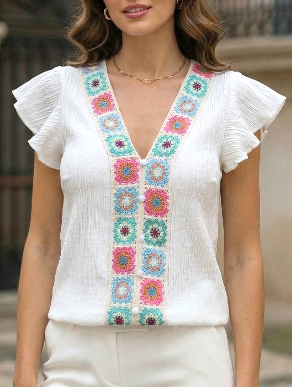Embroidery V Neck Flutter Sleeve Shirt
