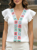 Embroidery V Neck Flutter Sleeve Shirt