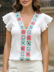 Embroidery V Neck Flutter Sleeve Shirt