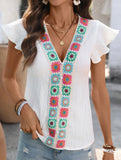 Embroidery V Neck Flutter Sleeve Shirt