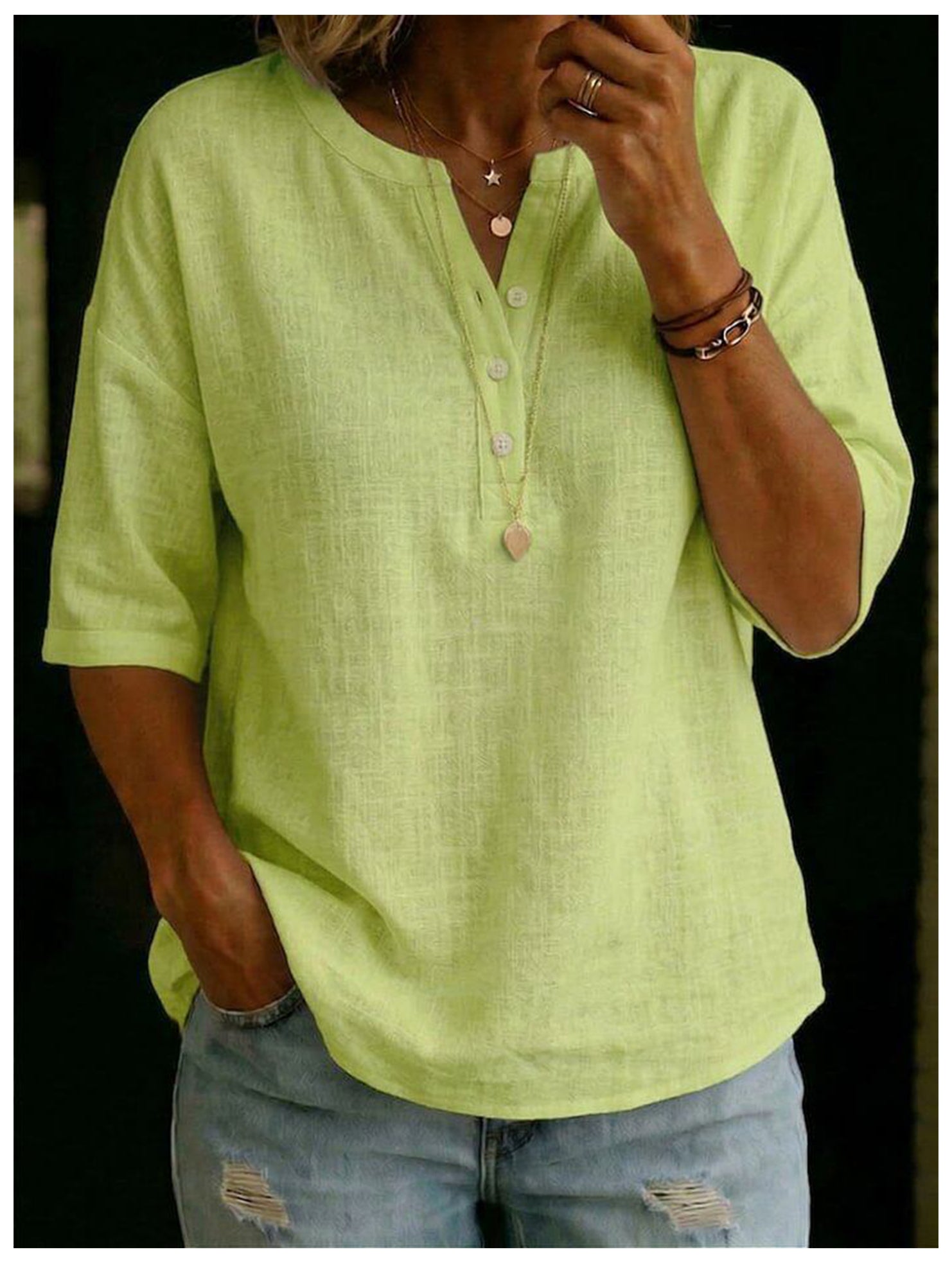 Linen V Neck Loose Shirt