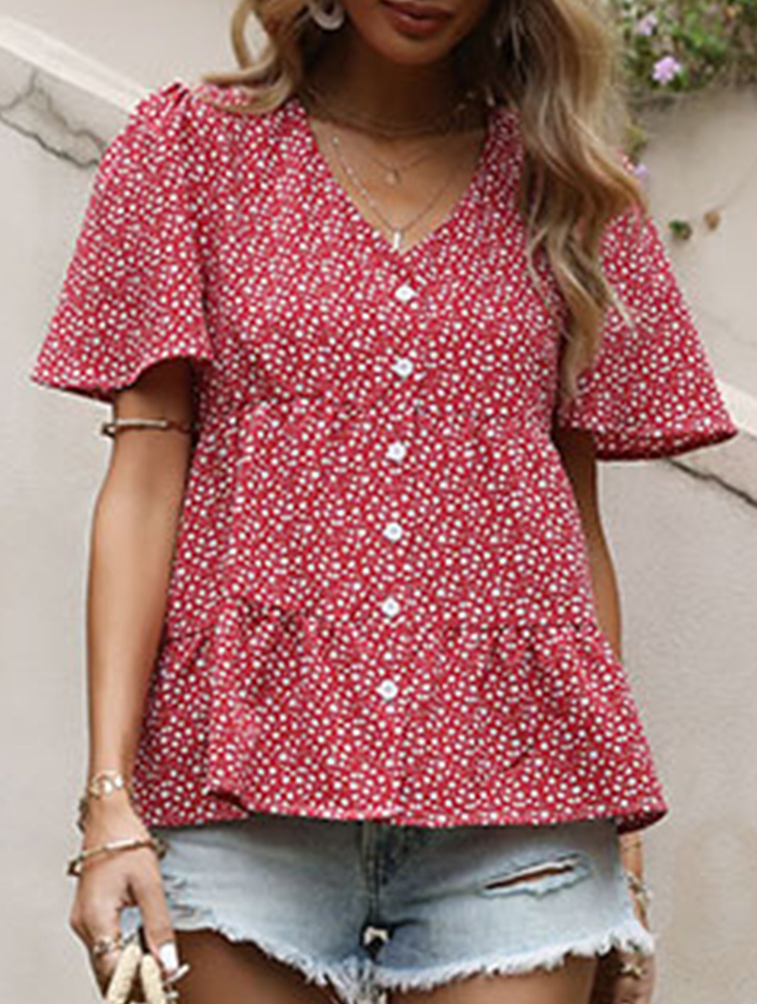 Red Polka Dot V Neck Shirt