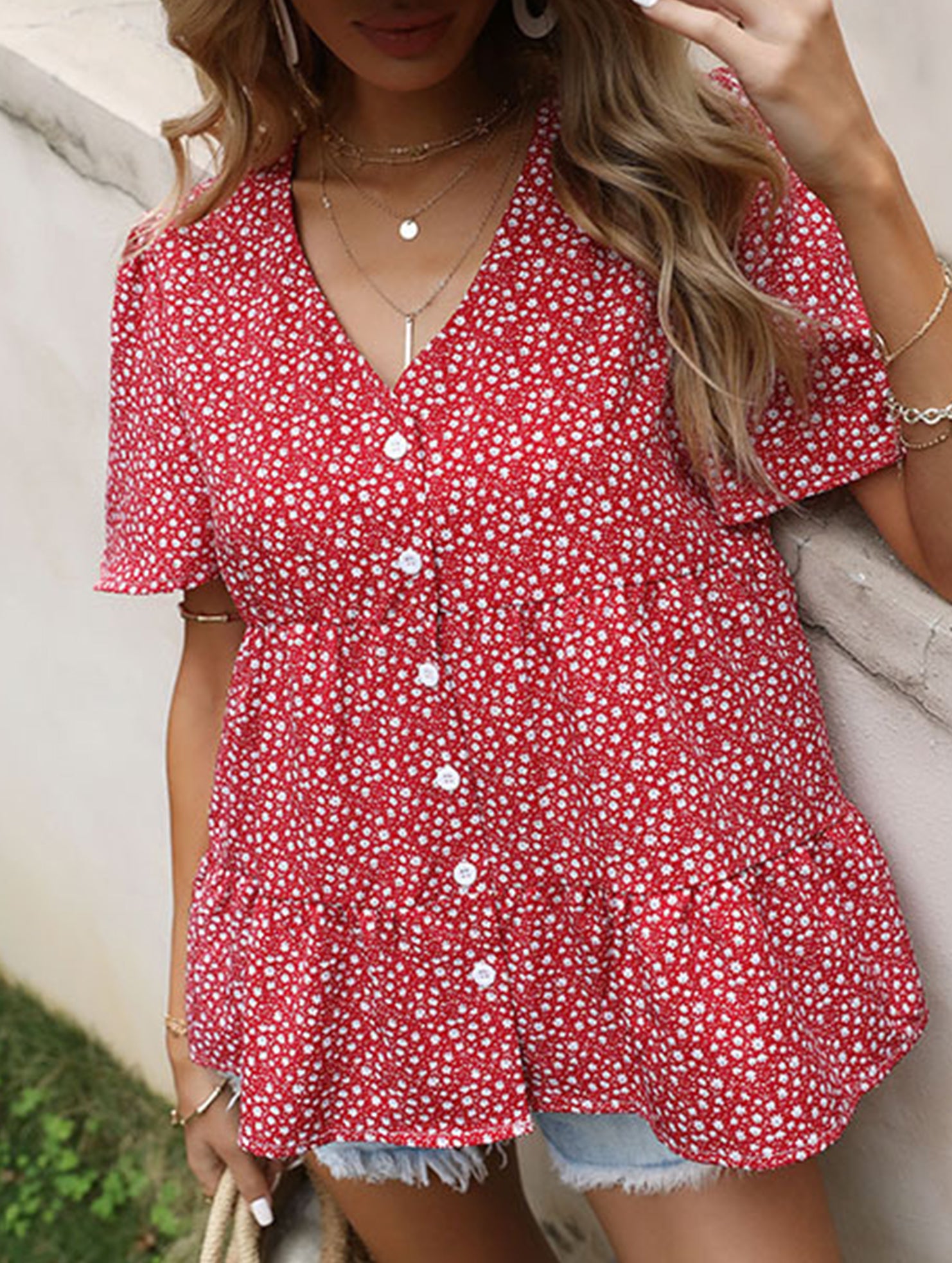 Red Polka Dot V Neck Shirt