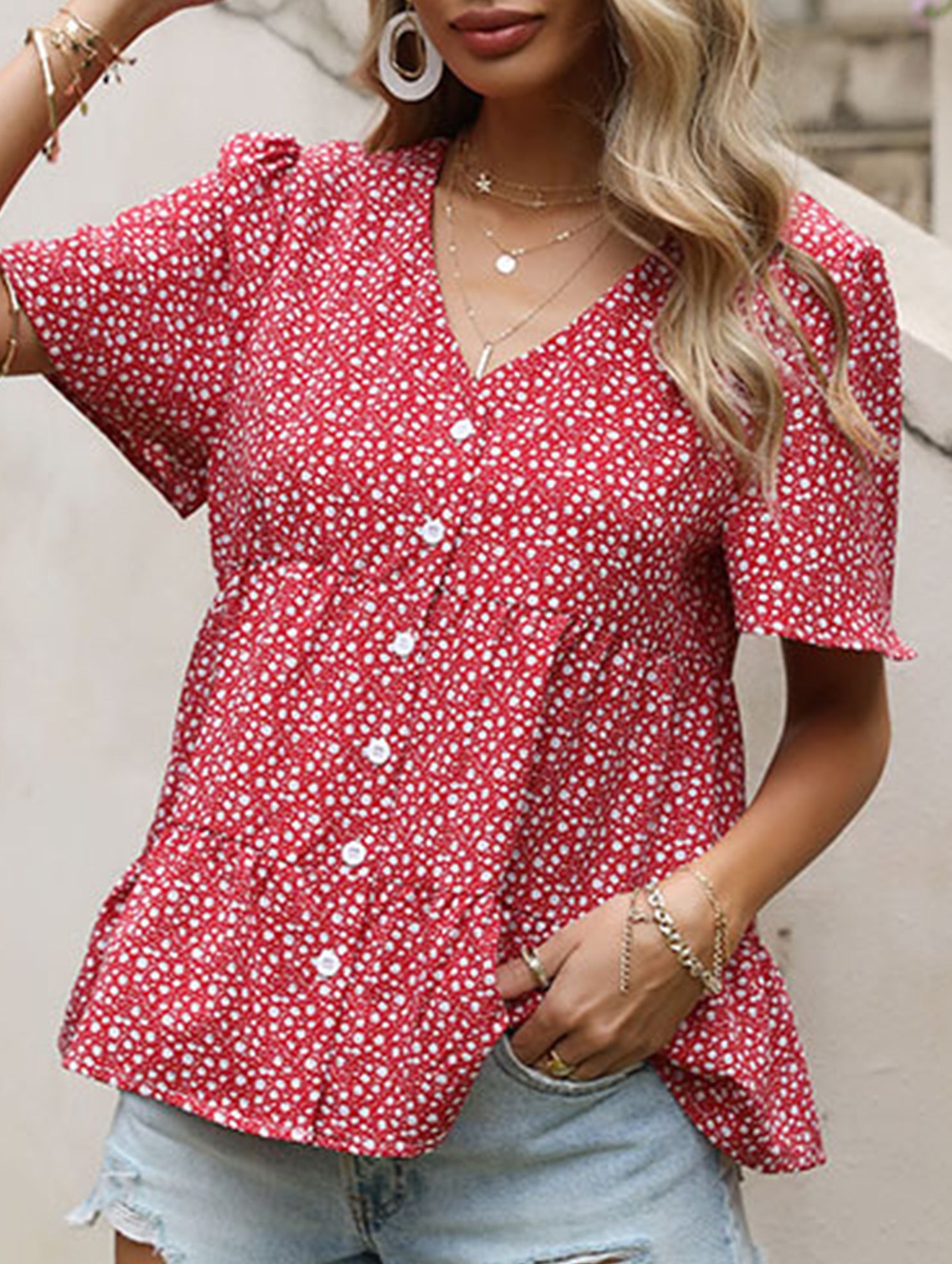 Red Polka Dot V Neck Shirt