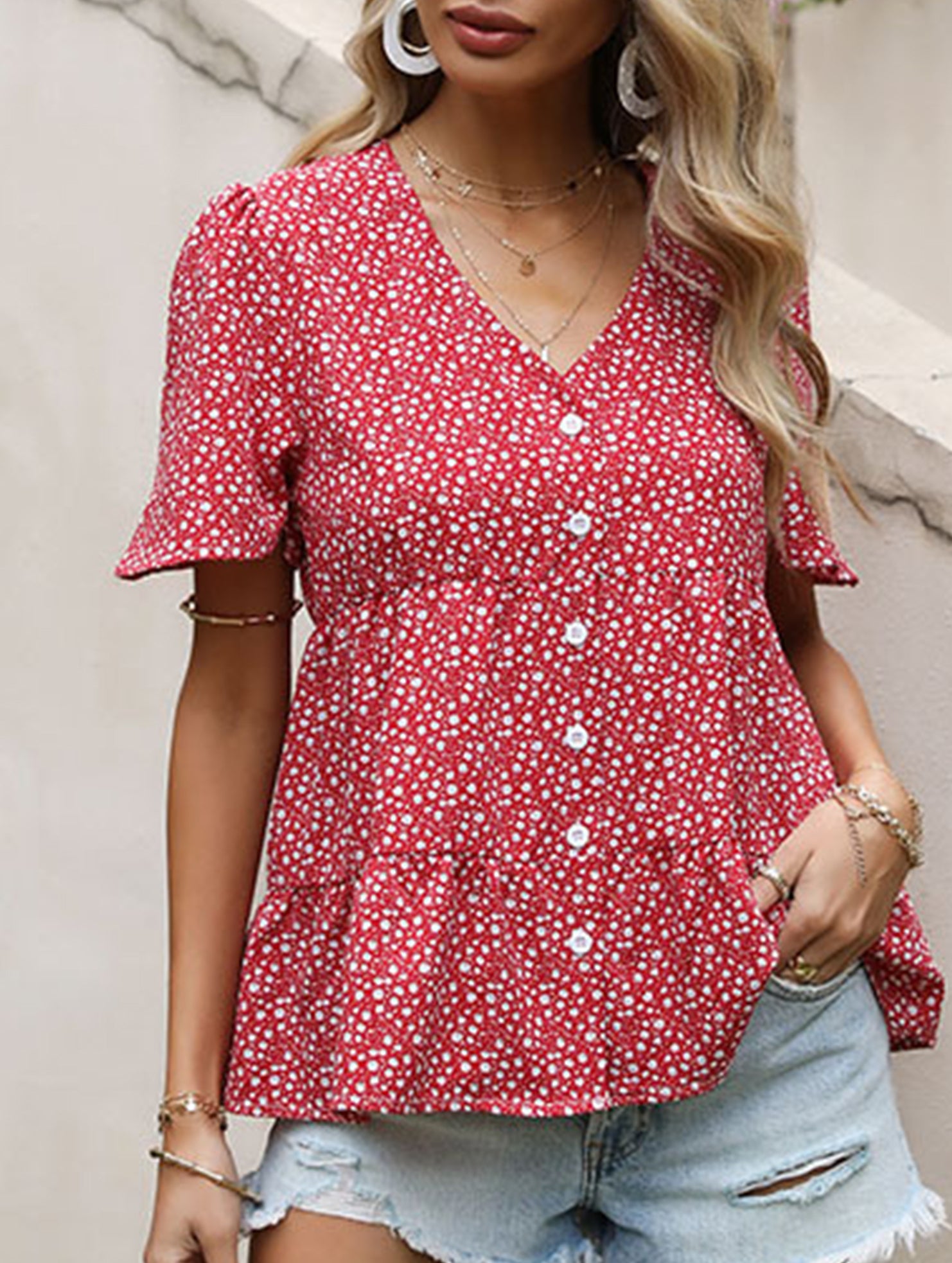 Red Polka Dot V Neck Shirt