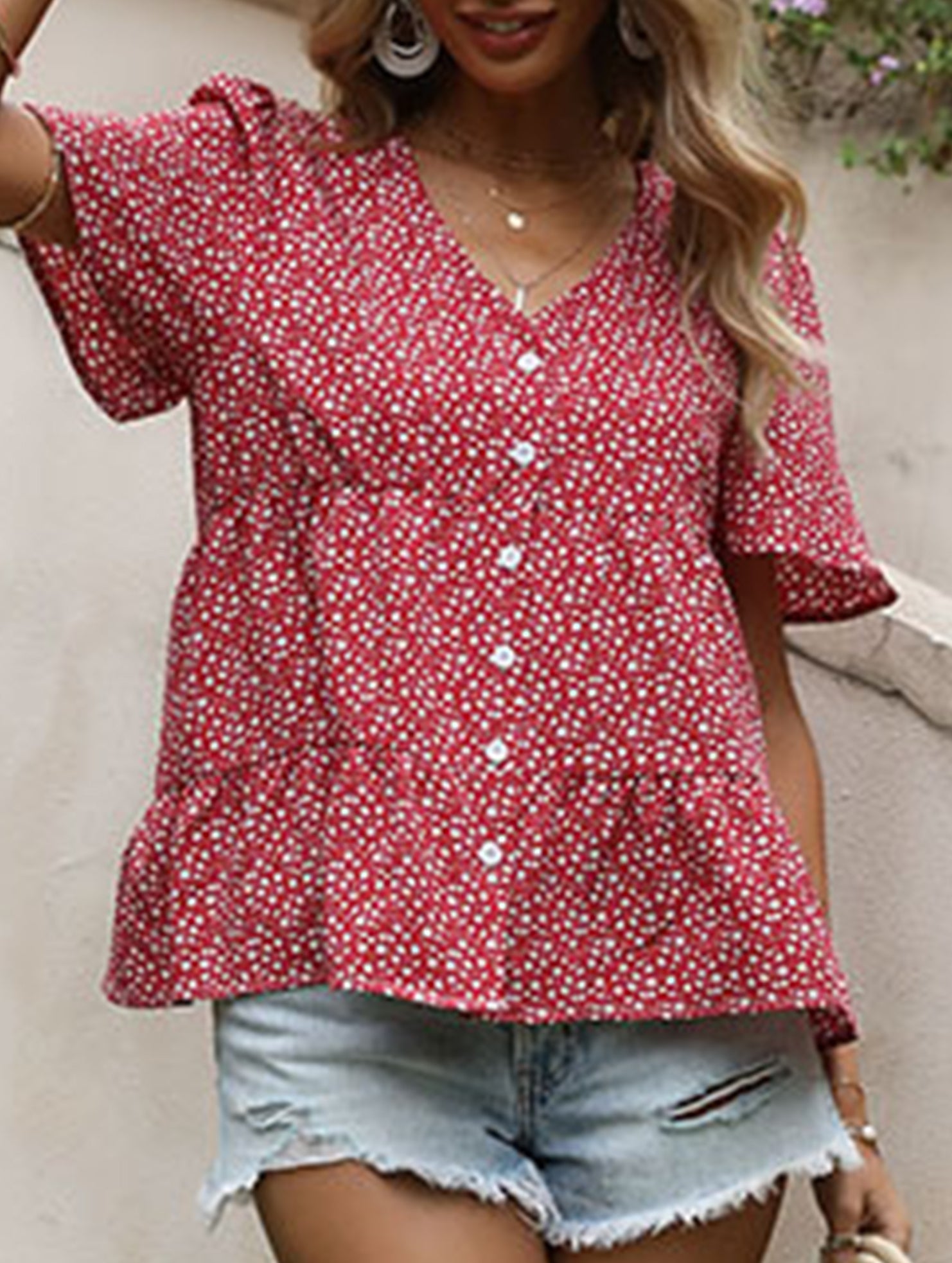 Red Polka Dot V Neck Shirt