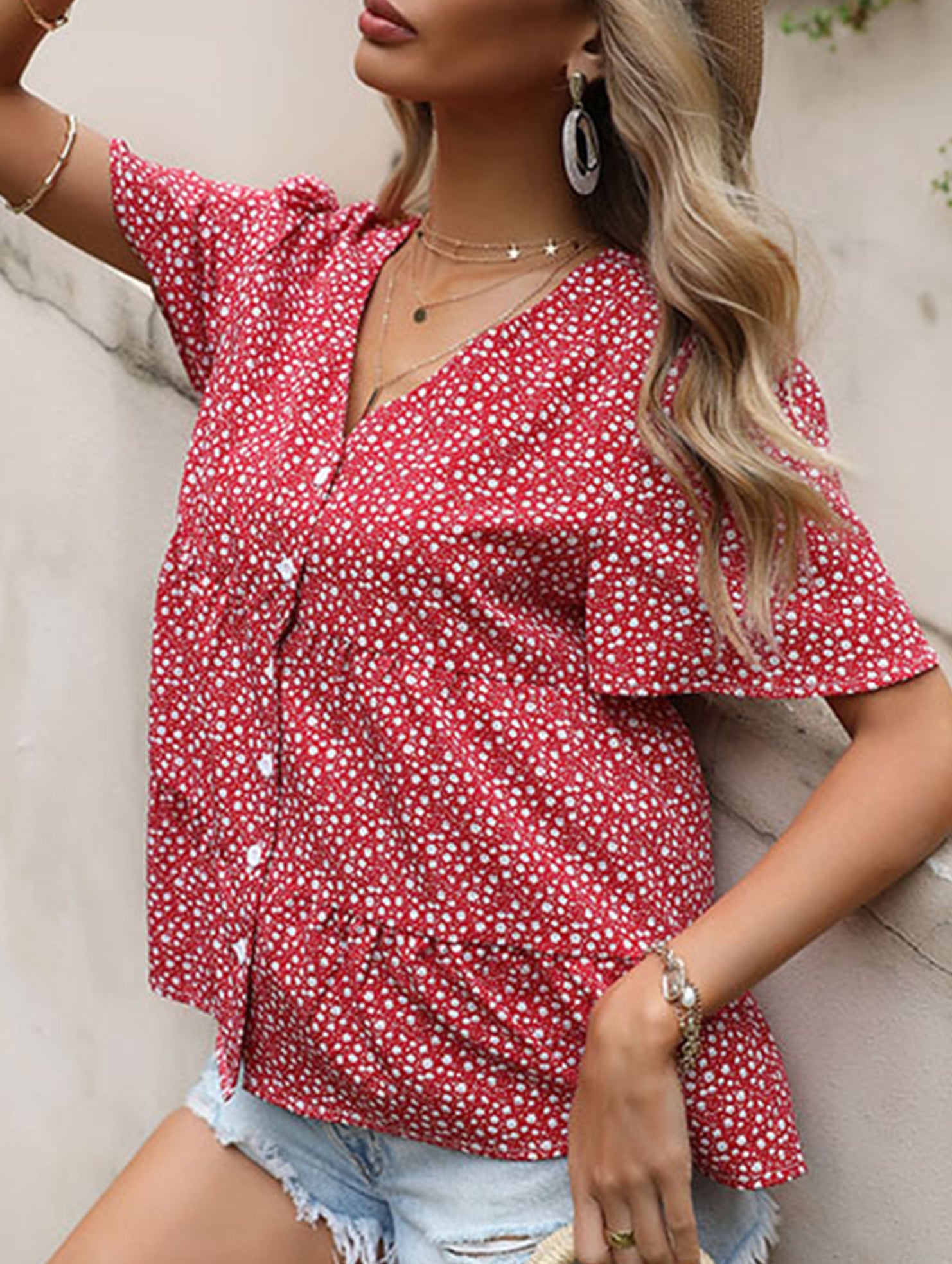 Red Polka Dot V Neck Shirt