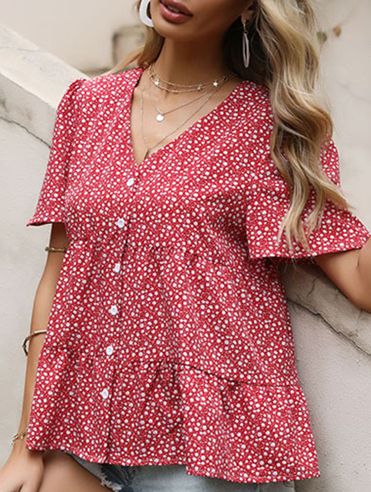 Red Polka Dot V Neck Shirt