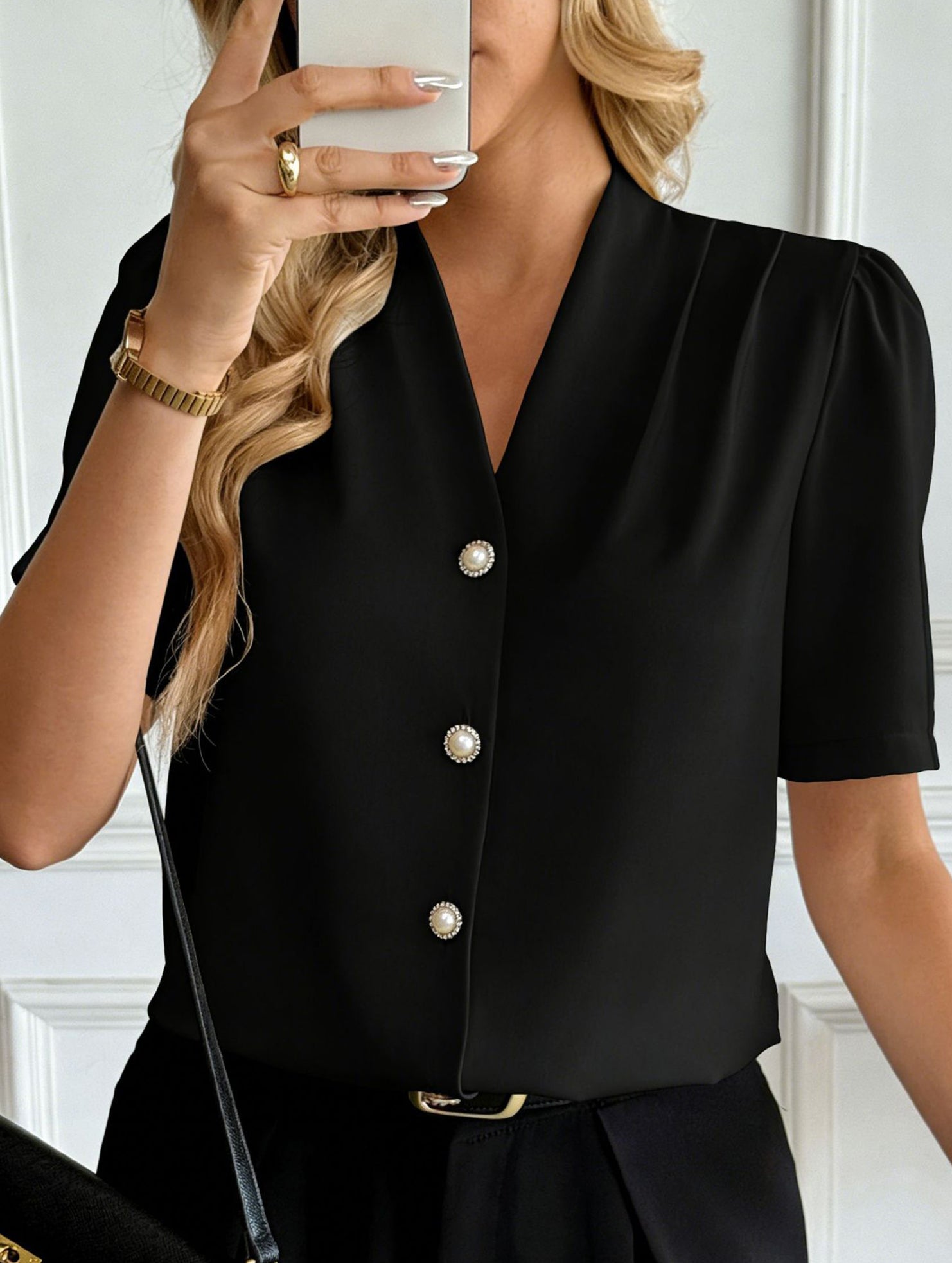 V Neck Button Short Sleeve Shirt