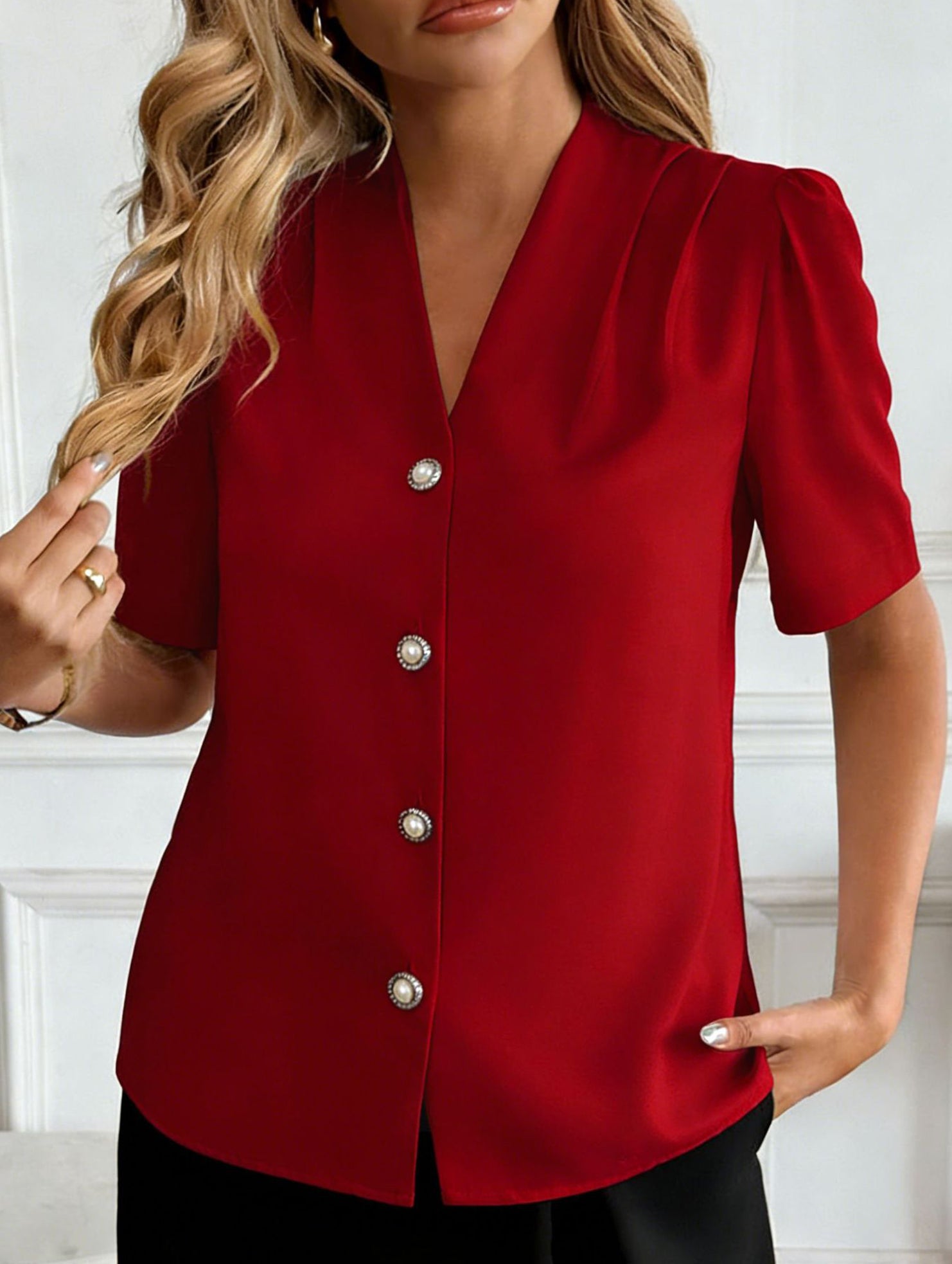 V Neck Button Short Sleeve Shirt