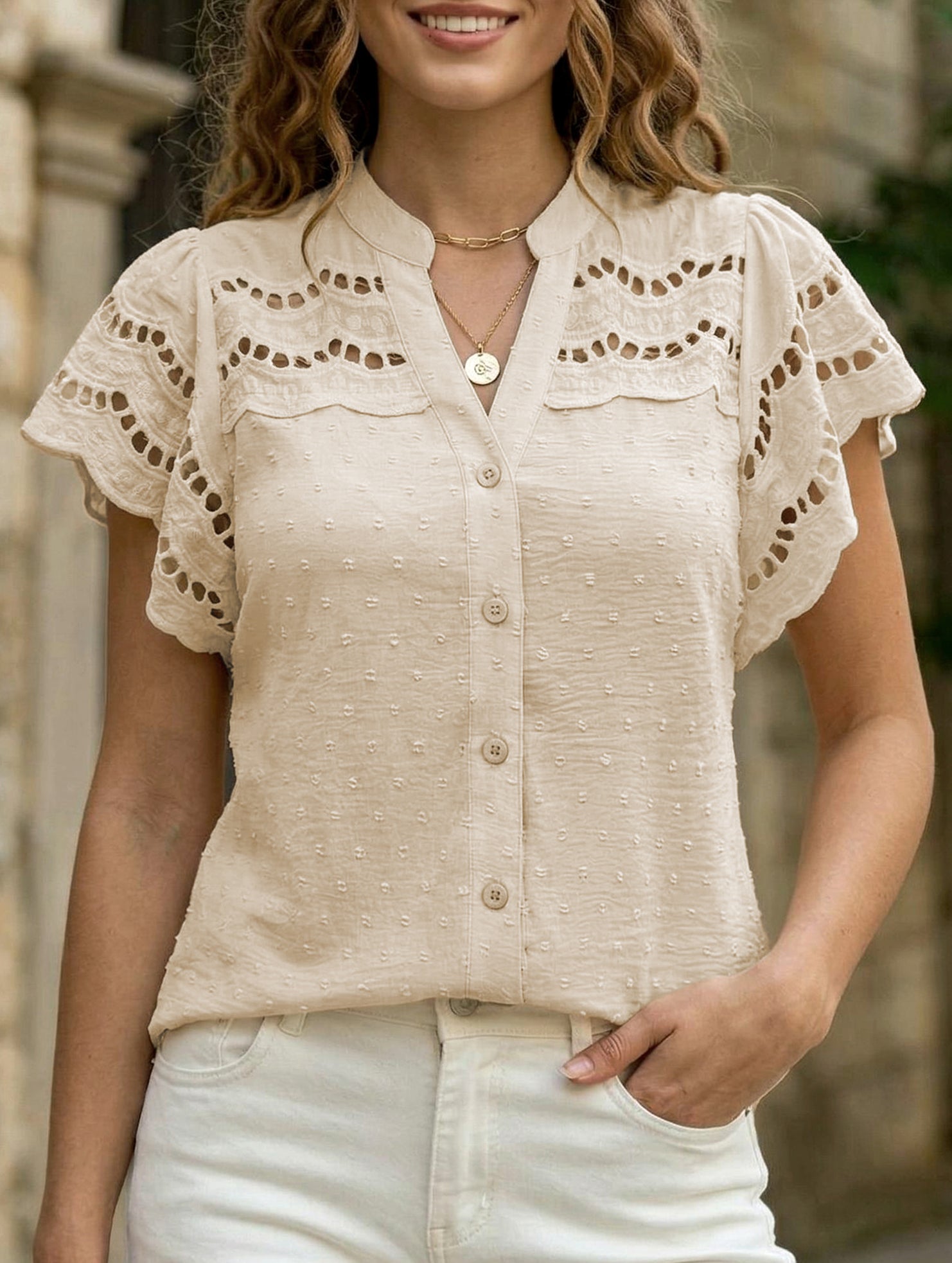 Lace Patch Ruffle Sleeve Blouse