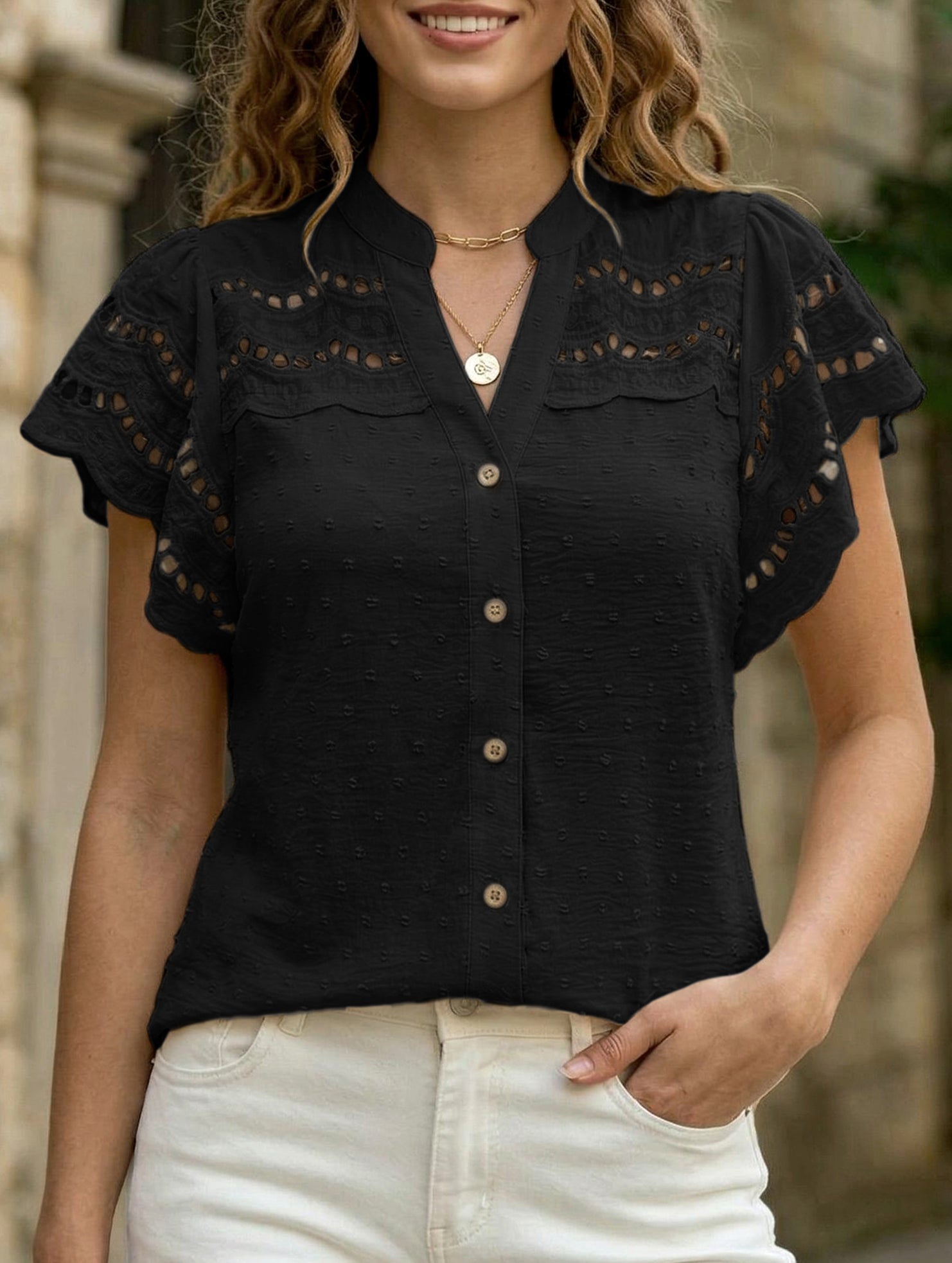Lace Patch Ruffle Sleeve Blouse