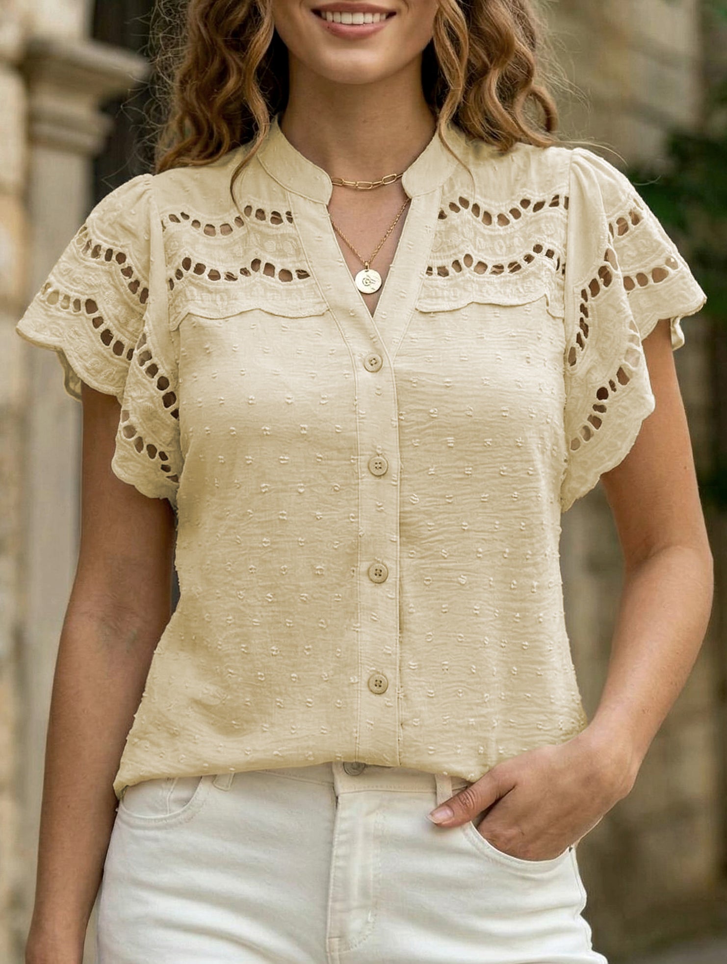 Lace Patch Ruffle Sleeve Blouse