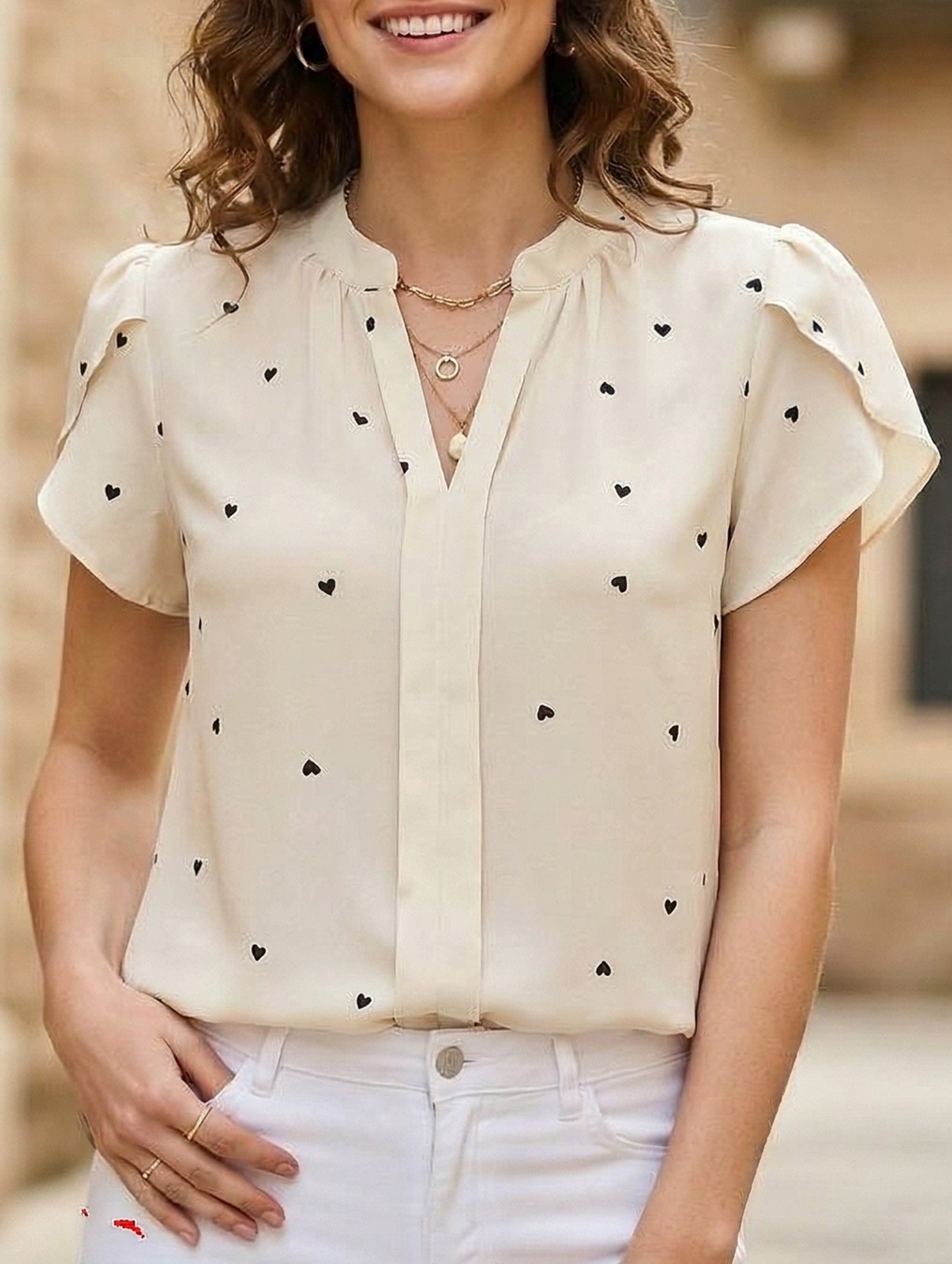 V Neck Heart Petal Sleeve Blouse
