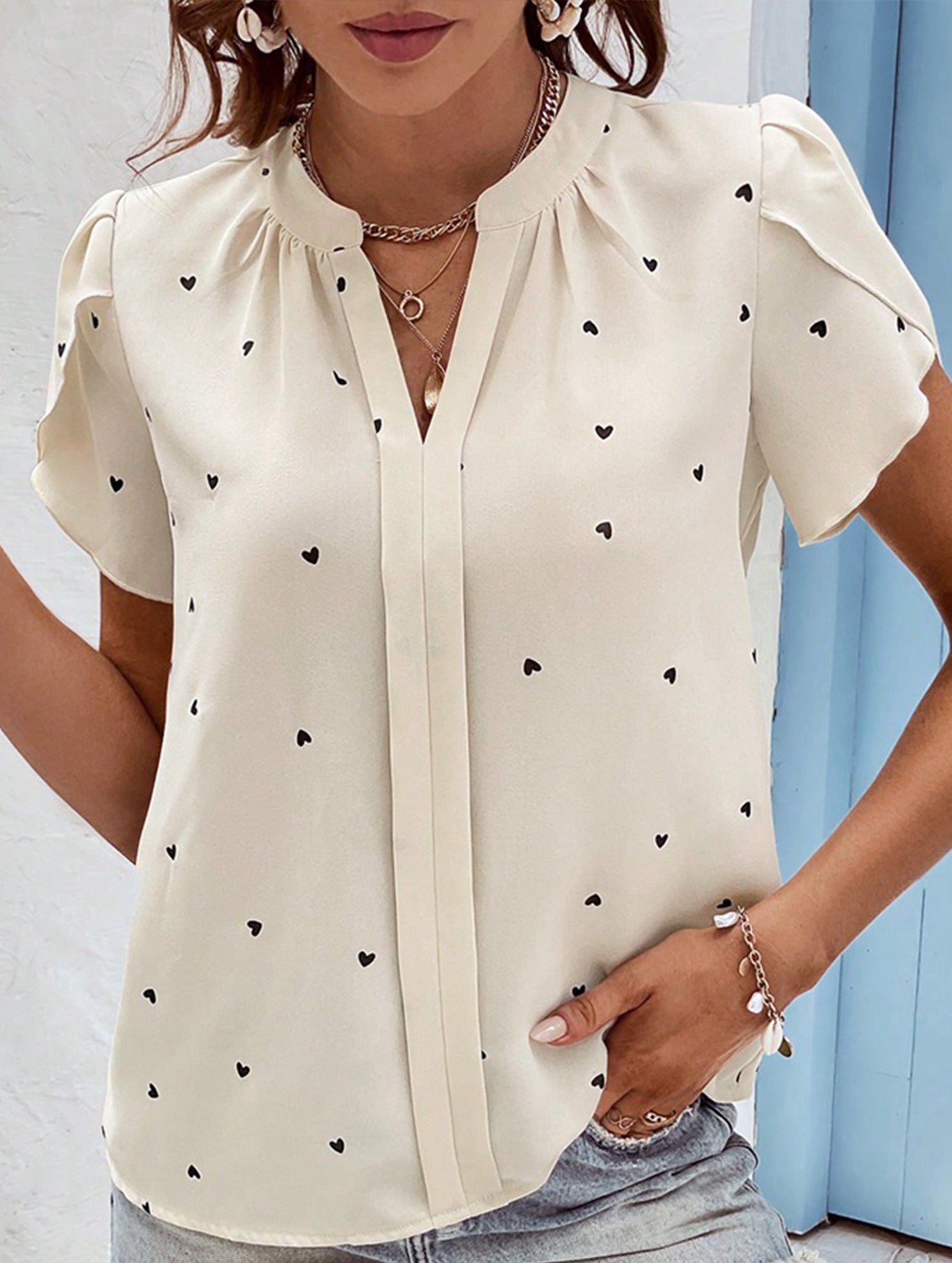V Neck Heart Petal Sleeve Blouse