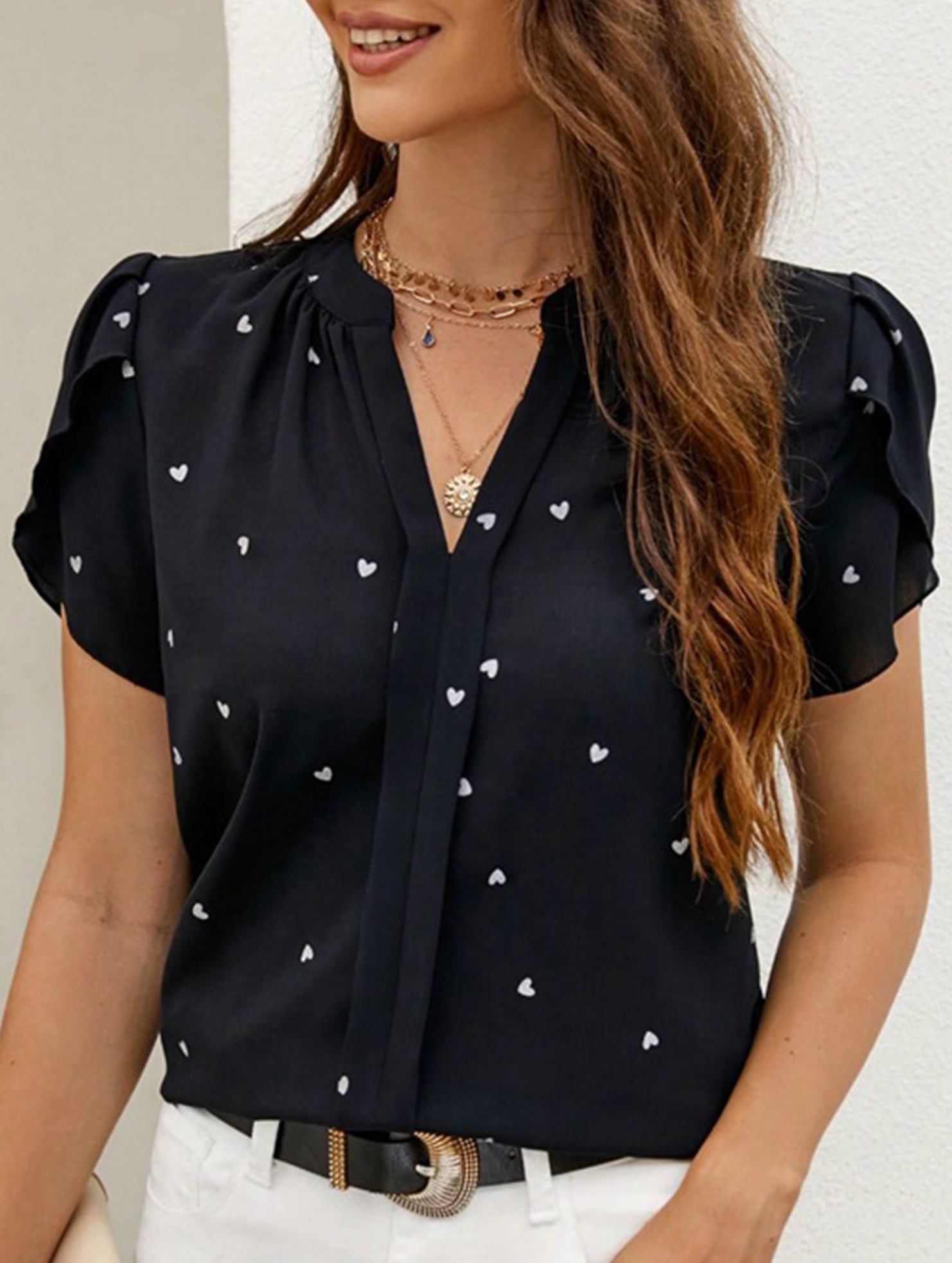 V Neck Heart Petal Sleeve Blouse
