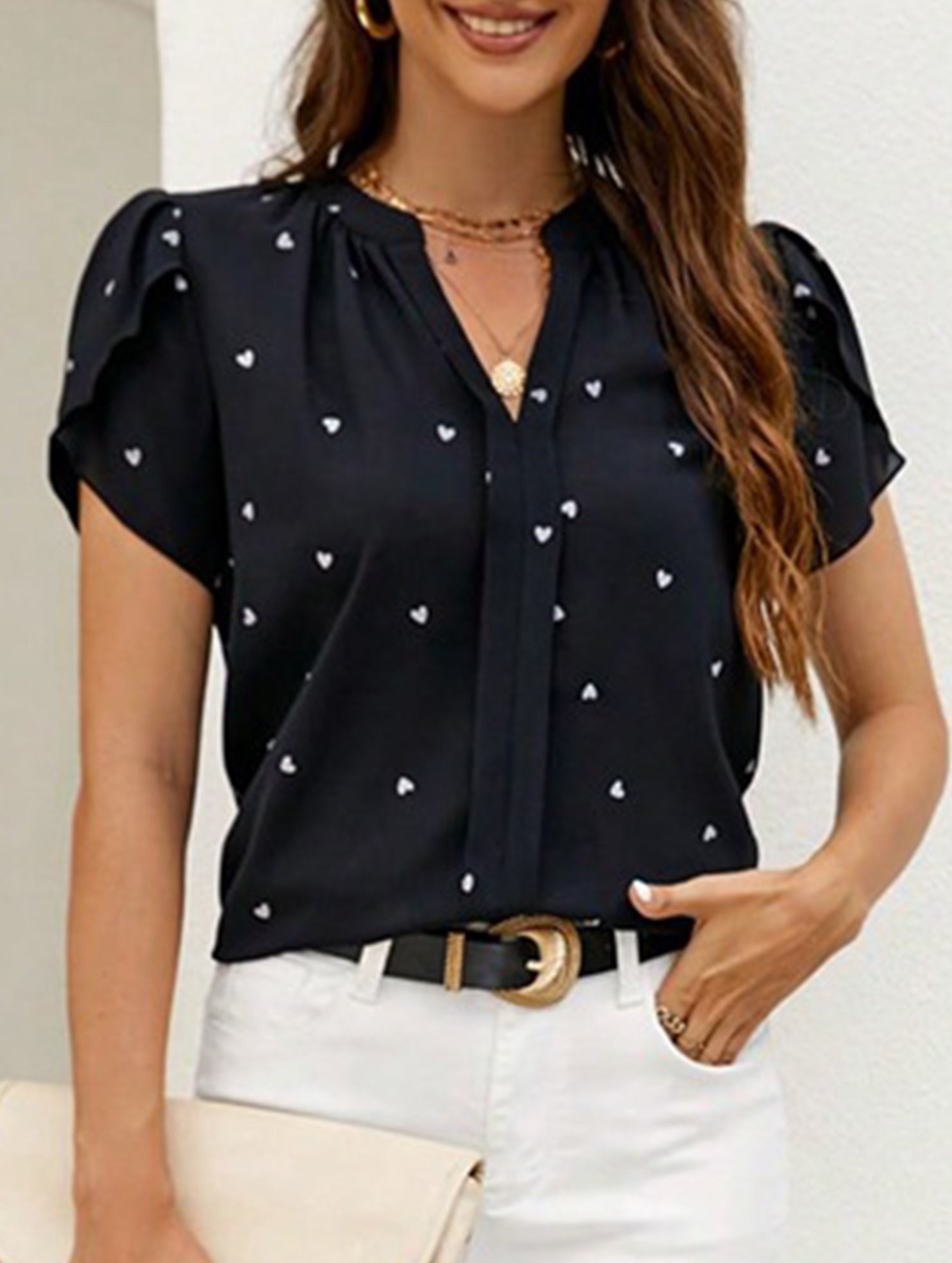 V Neck Heart Petal Sleeve Blouse