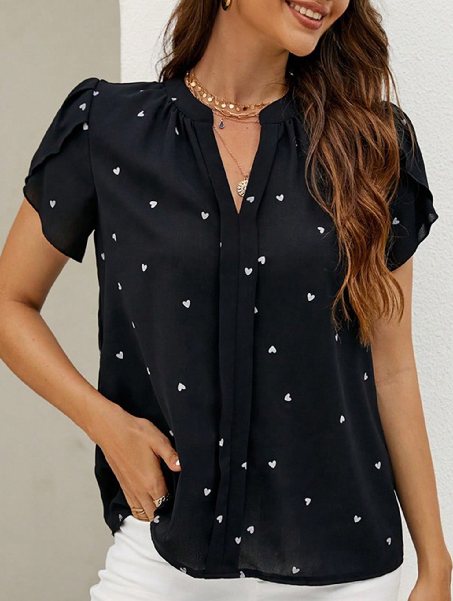 V Neck Heart Petal Sleeve Blouse
