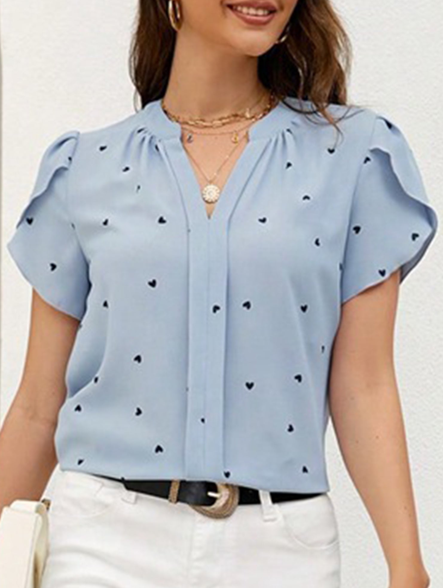 V Neck Heart Petal Sleeve Blouse