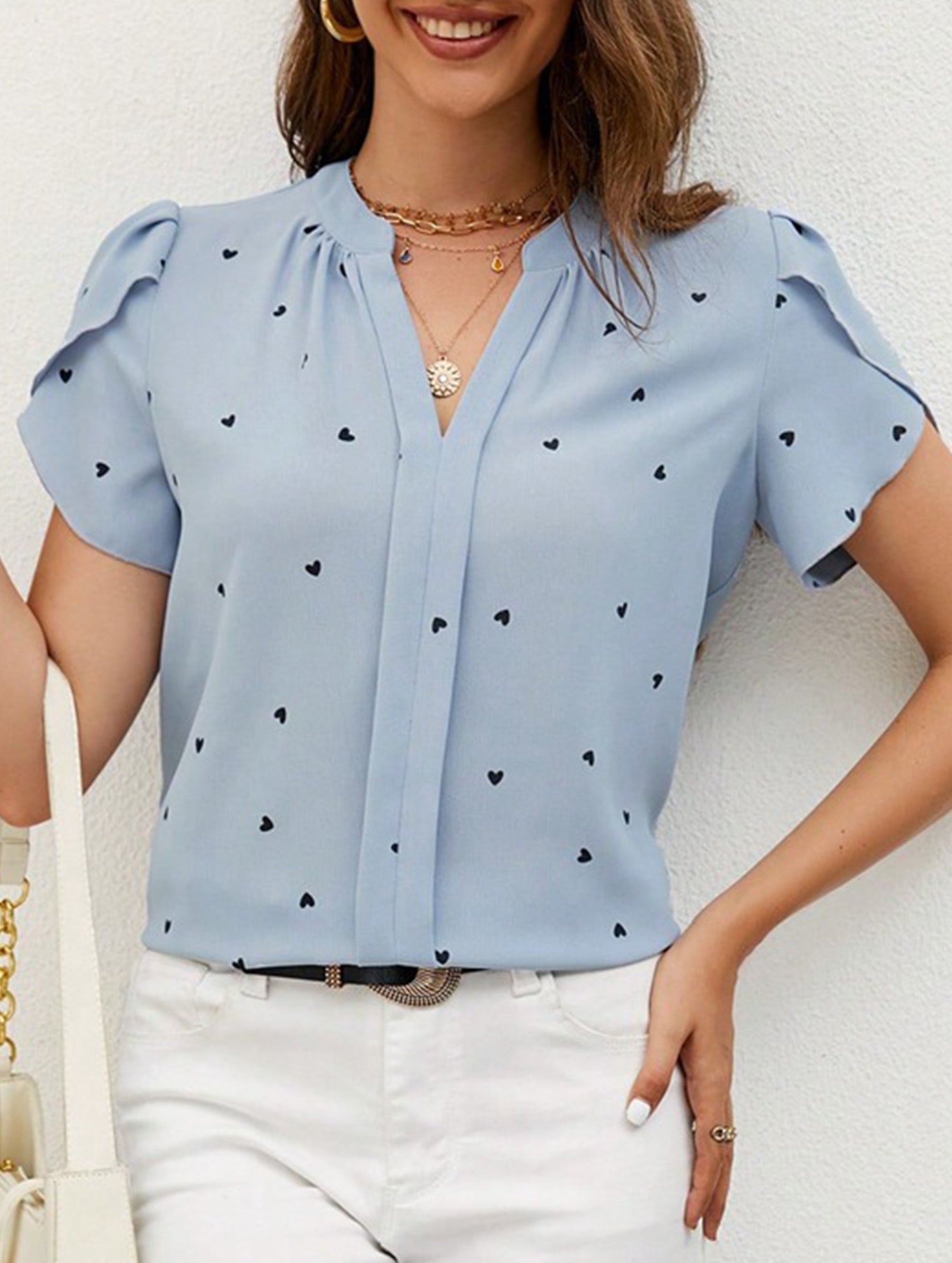 V Neck Heart Petal Sleeve Blouse