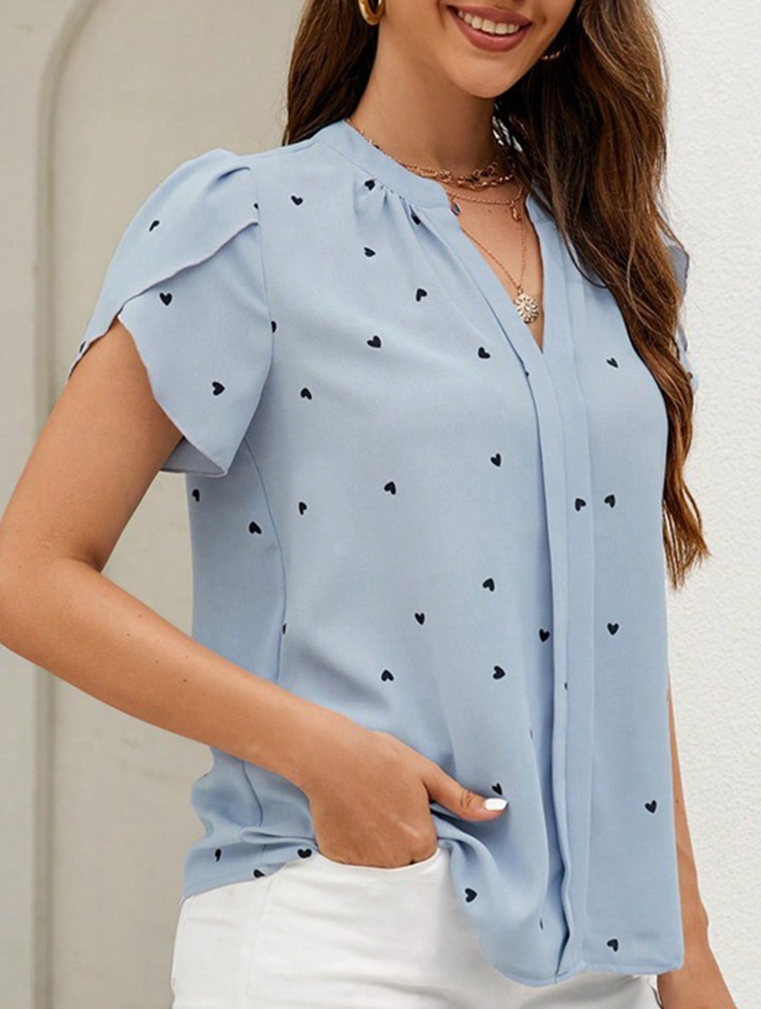 V Neck Heart Petal Sleeve Blouse