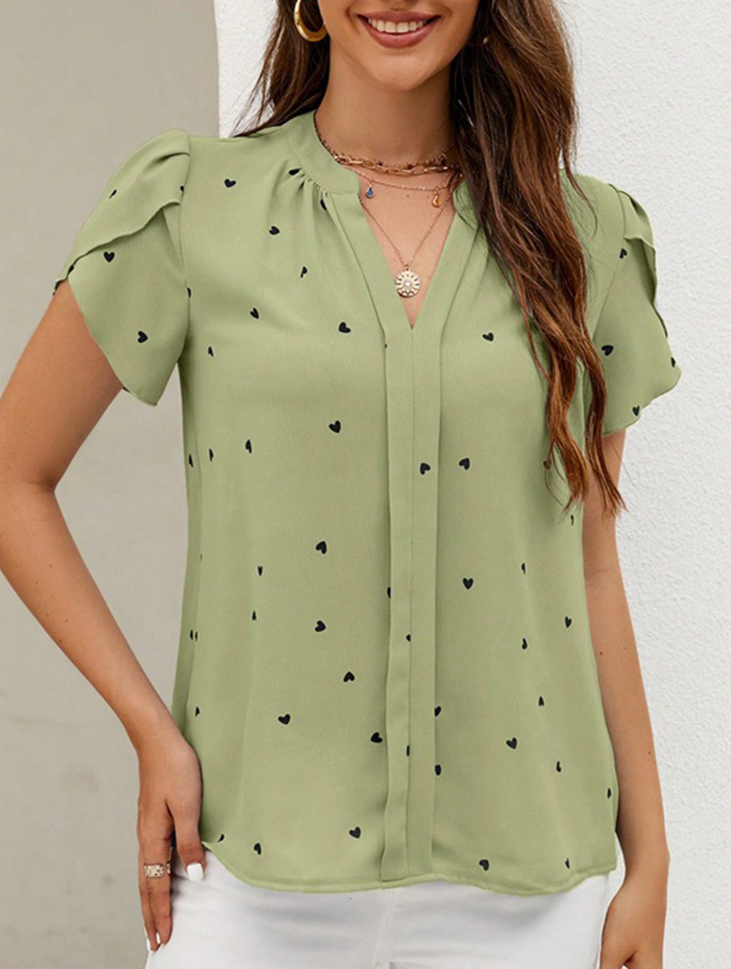 V Neck Heart Petal Sleeve Blouse