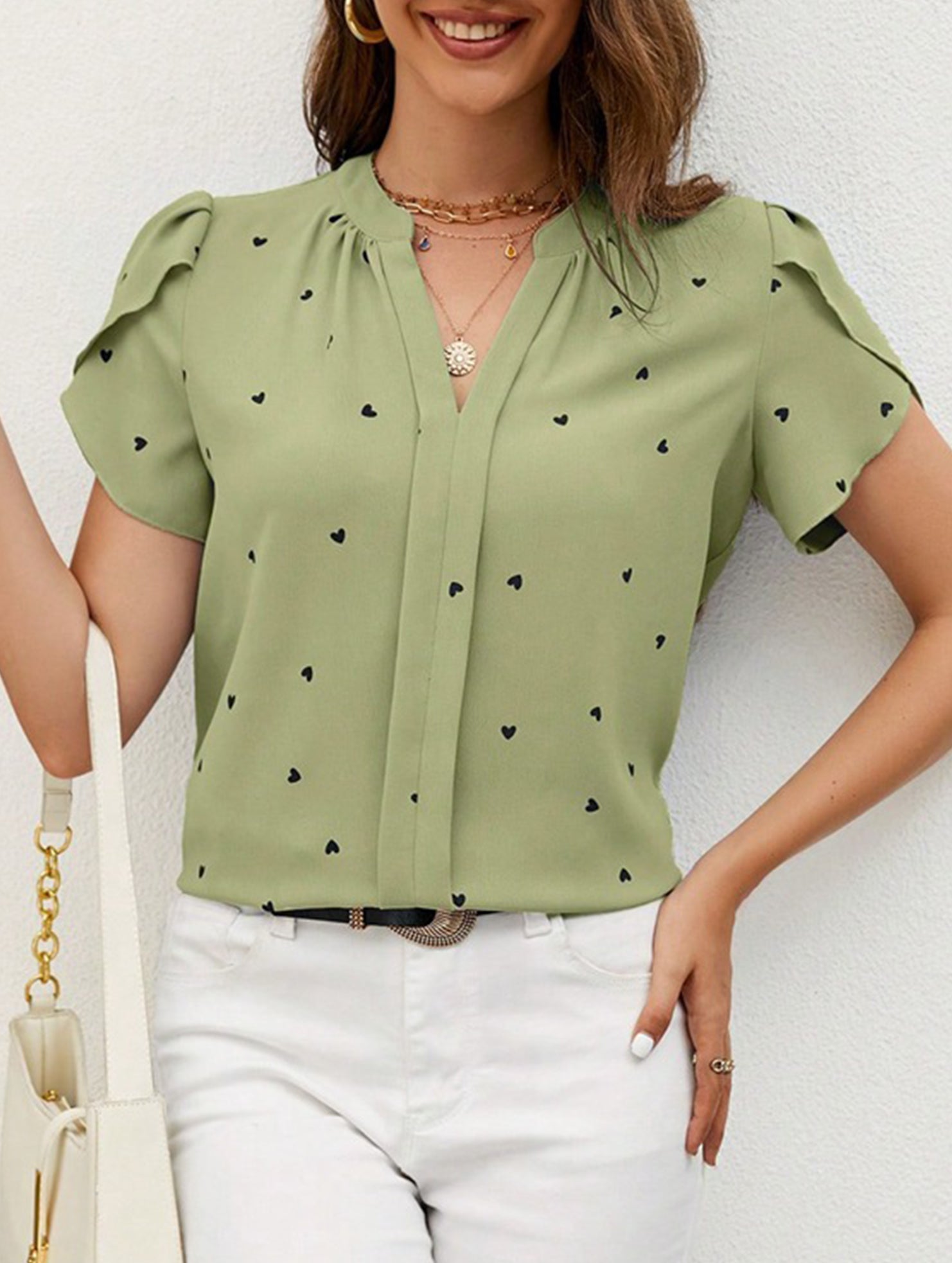V Neck Heart Petal Sleeve Blouse