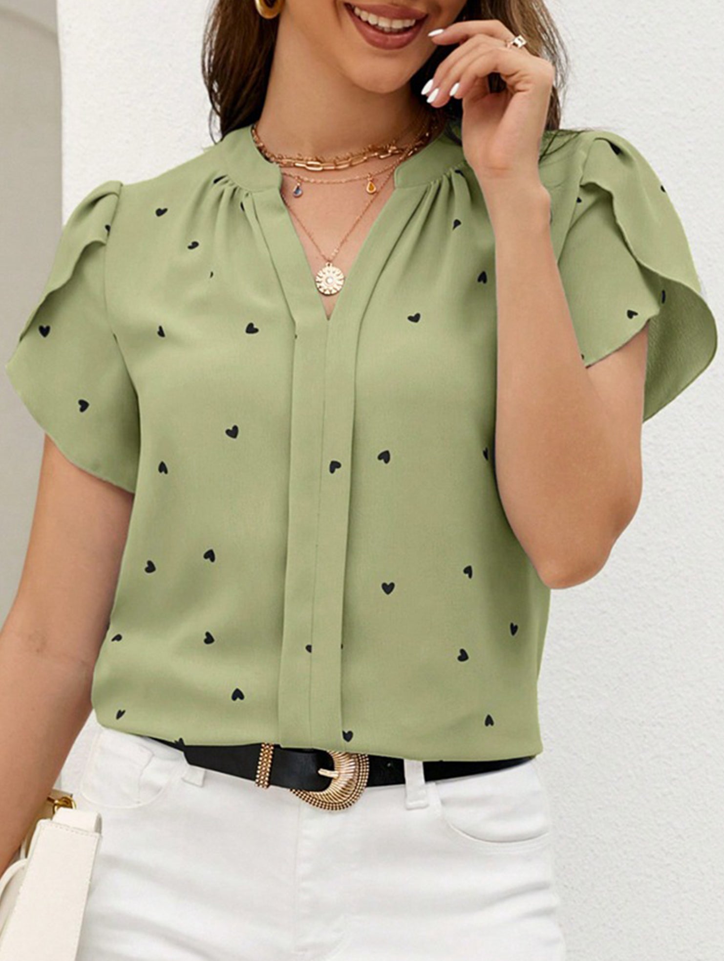 V Neck Heart Petal Sleeve Blouse