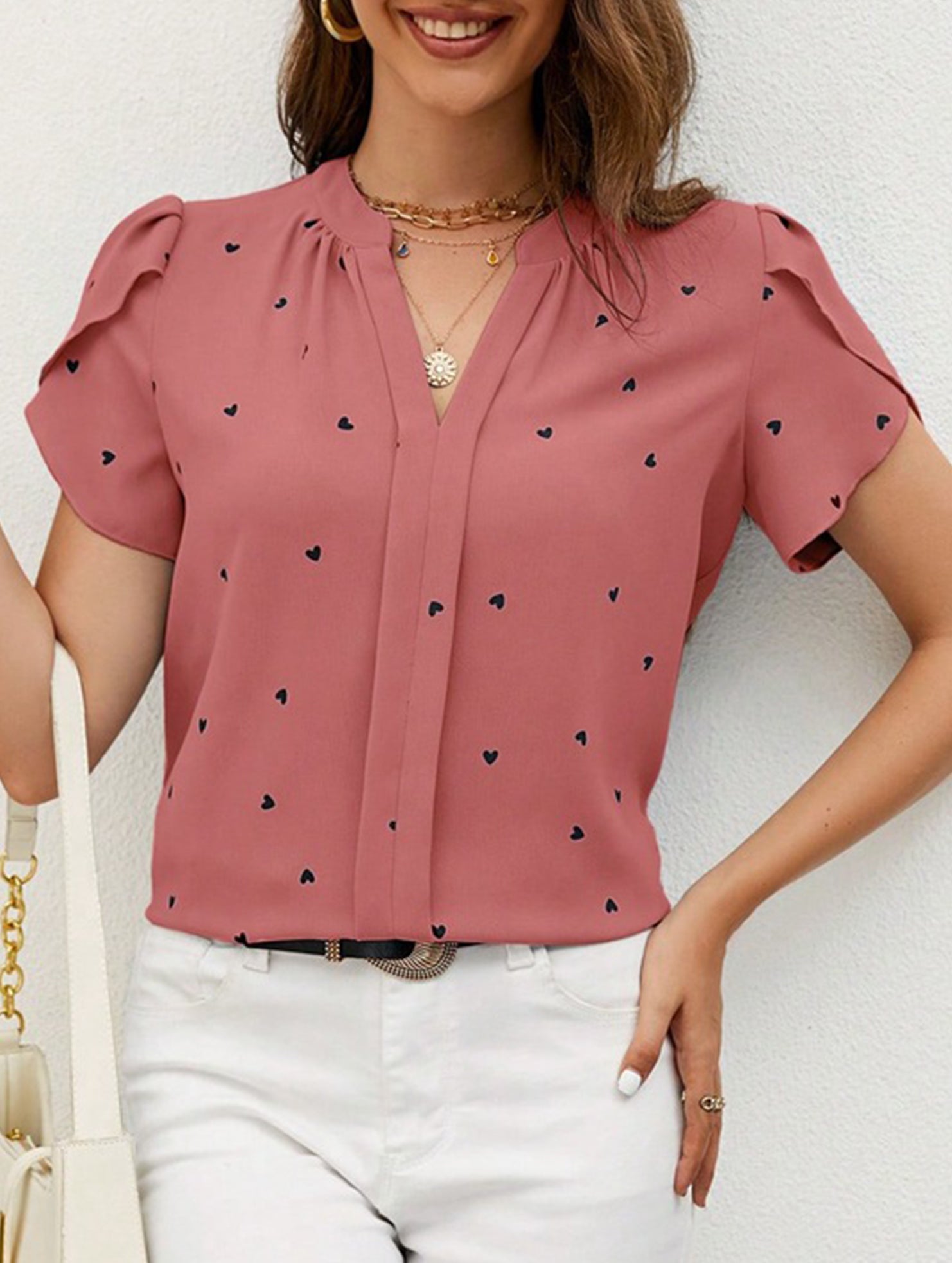 V Neck Heart Petal Sleeve Blouse