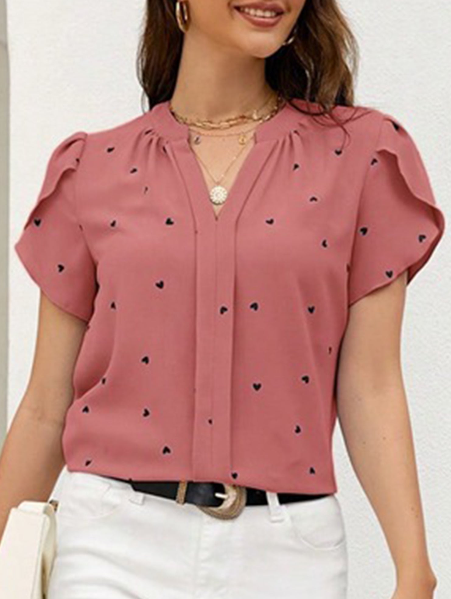 V Neck Heart Petal Sleeve Blouse