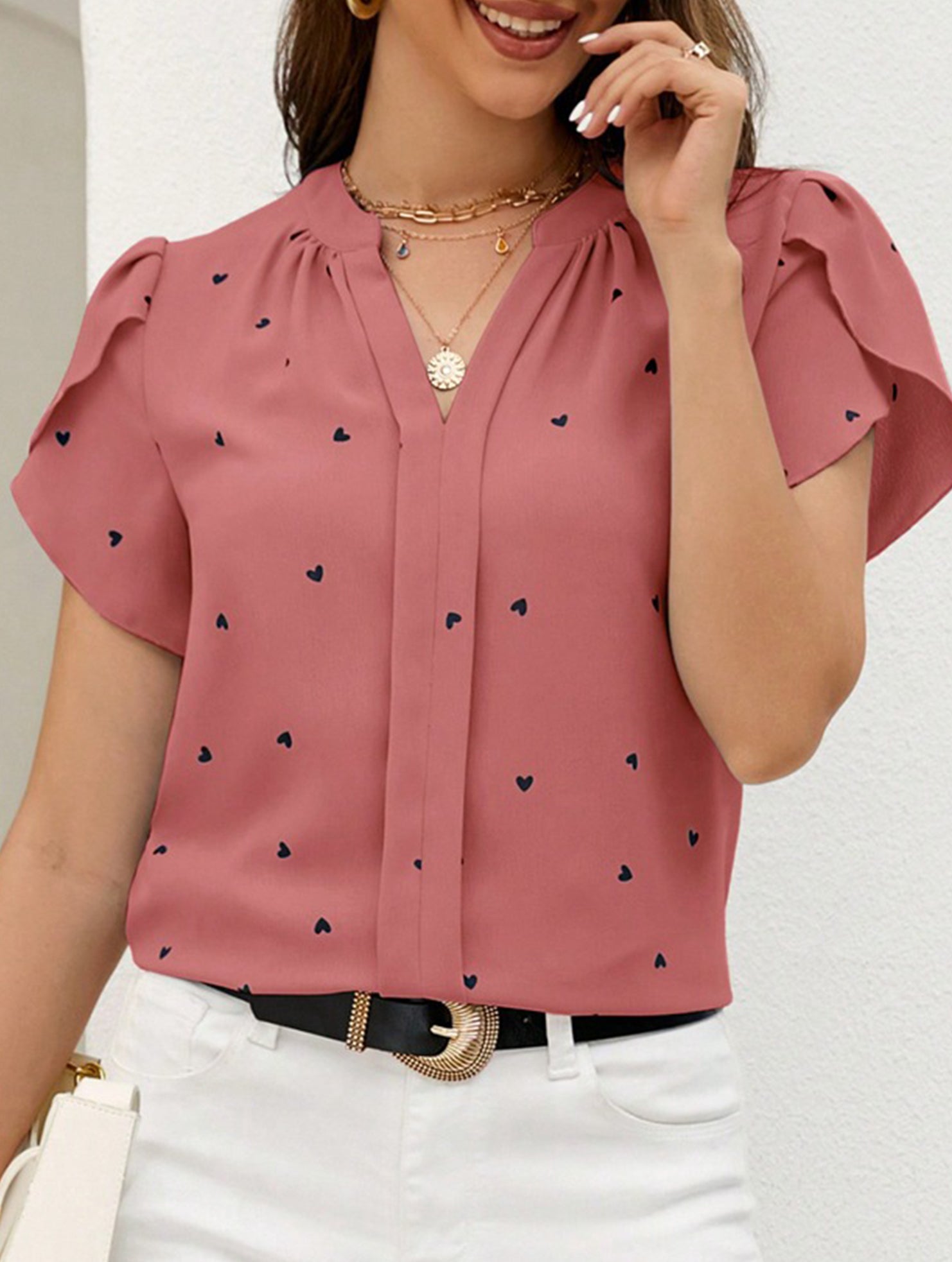 V Neck Heart Petal Sleeve Blouse