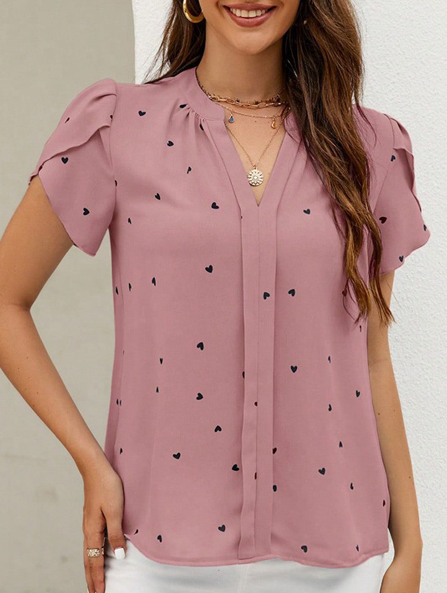 V Neck Heart Petal Sleeve Blouse