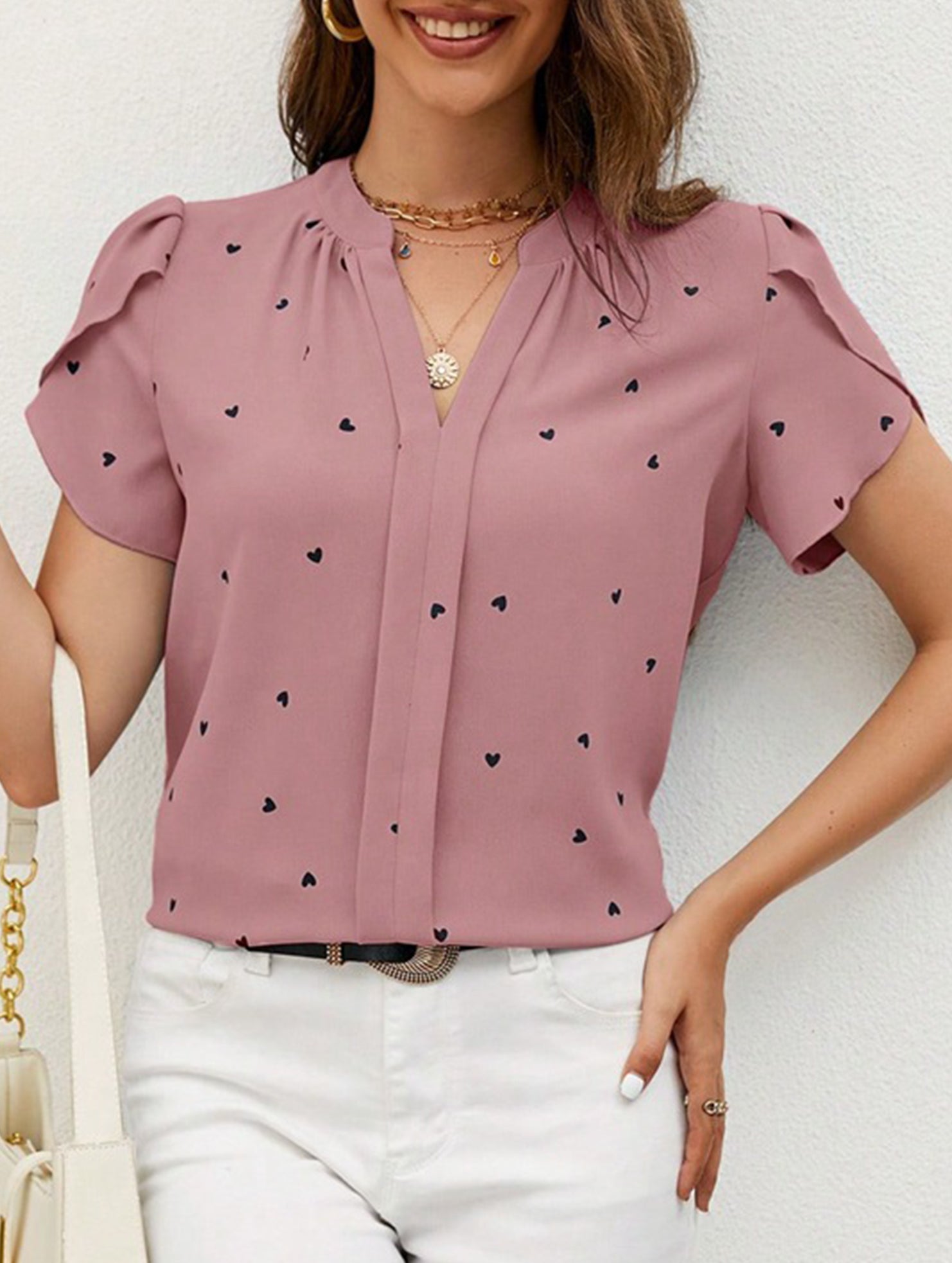 V Neck Heart Petal Sleeve Blouse