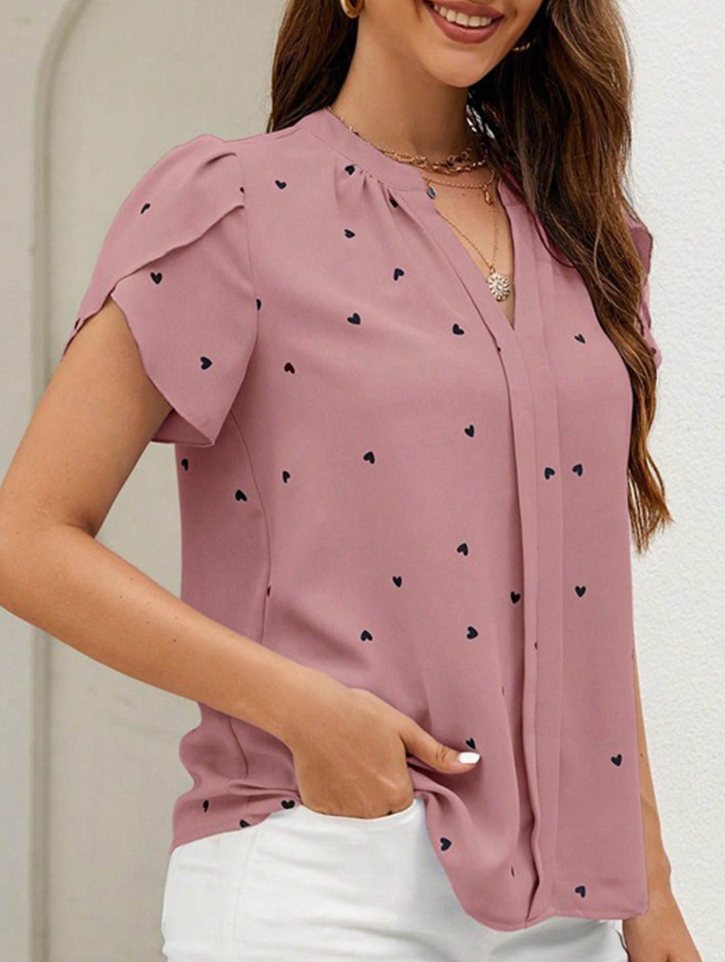 V Neck Heart Petal Sleeve Blouse
