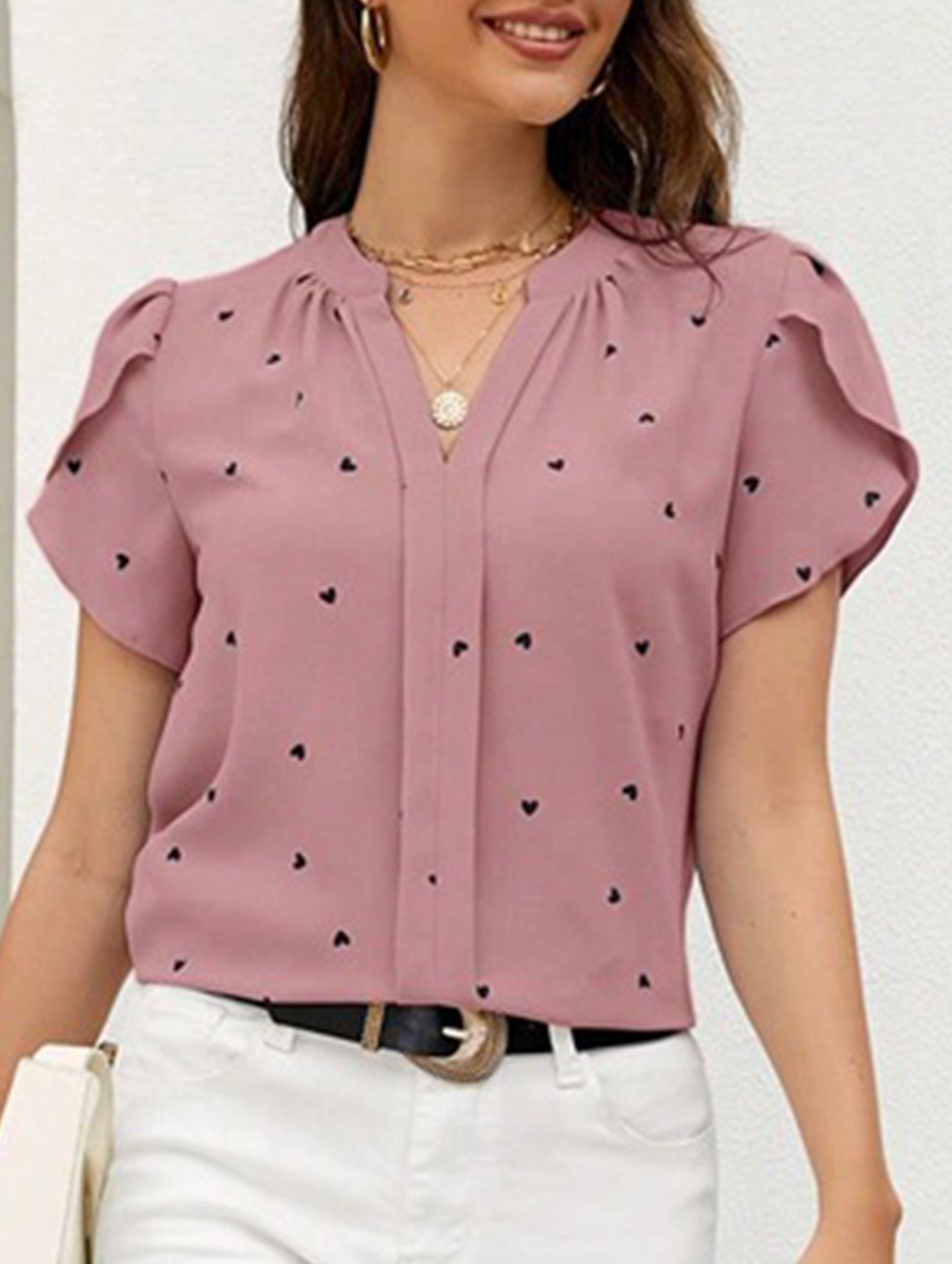 V Neck Heart Petal Sleeve Blouse