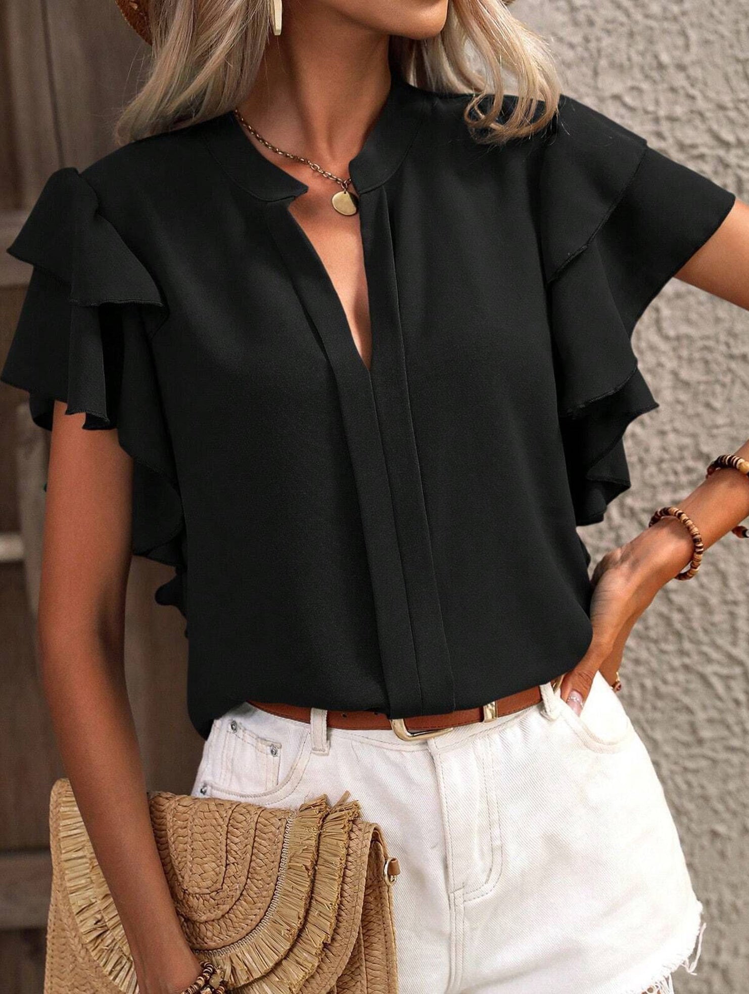 V Neck Double Ruffle Sleeve Blouse