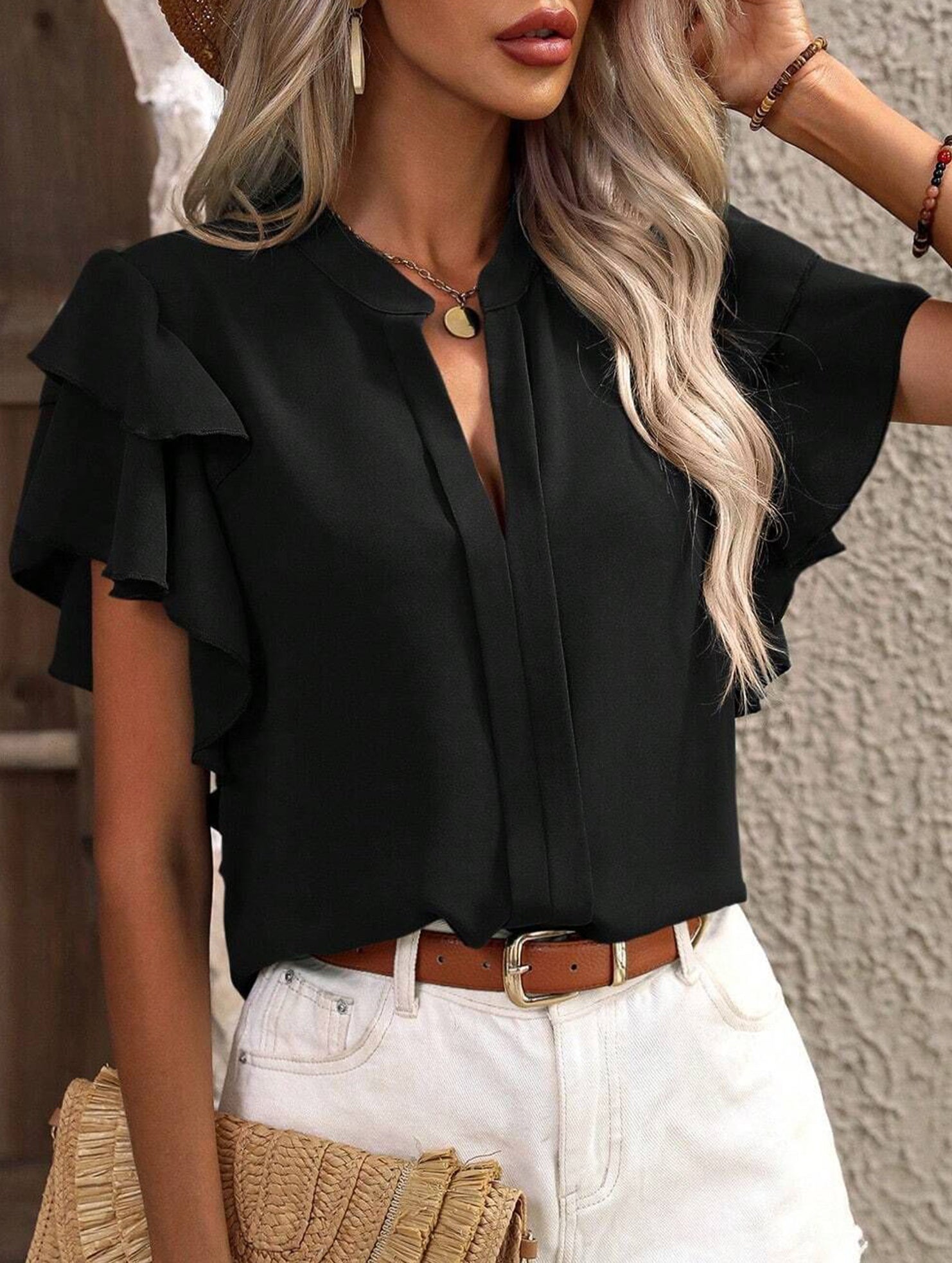 V Neck Double Ruffle Sleeve Blouse