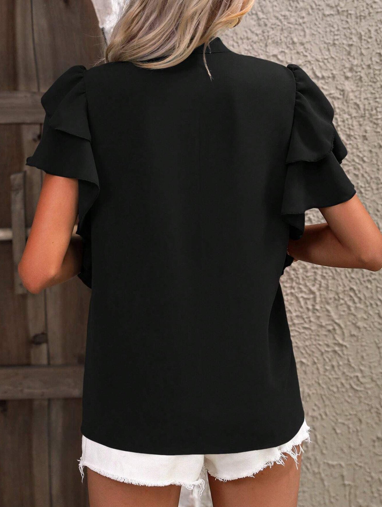V Neck Double Ruffle Sleeve Blouse
