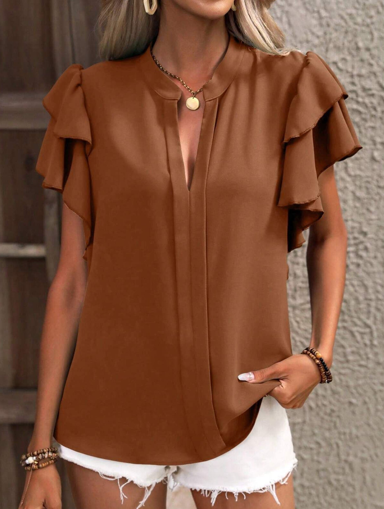 V Neck Double Ruffle Sleeve Blouse