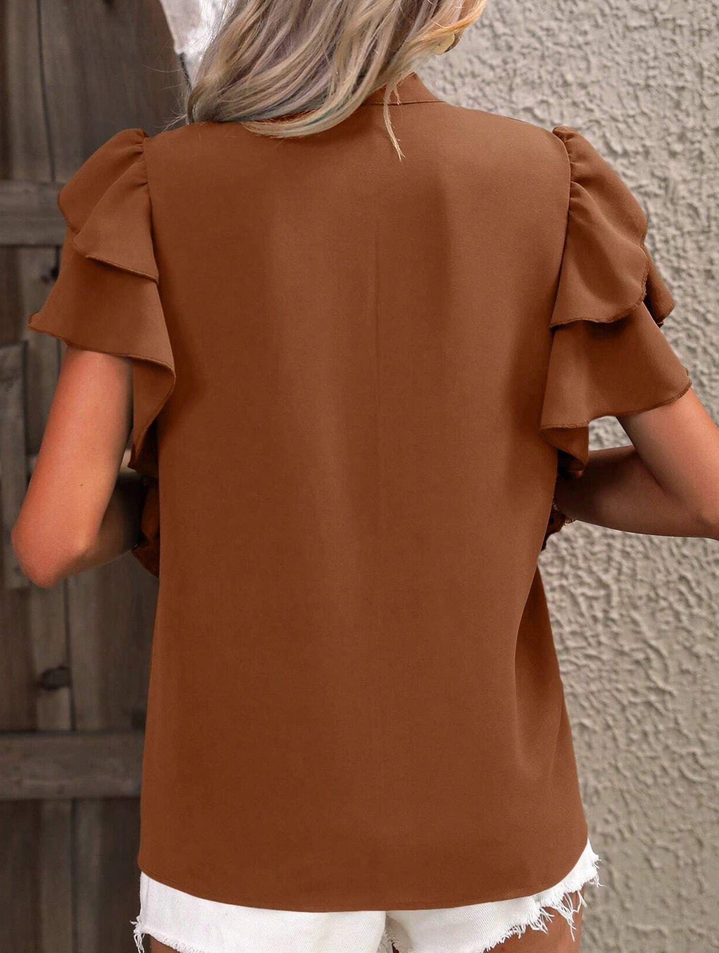 V Neck Double Ruffle Sleeve Blouse