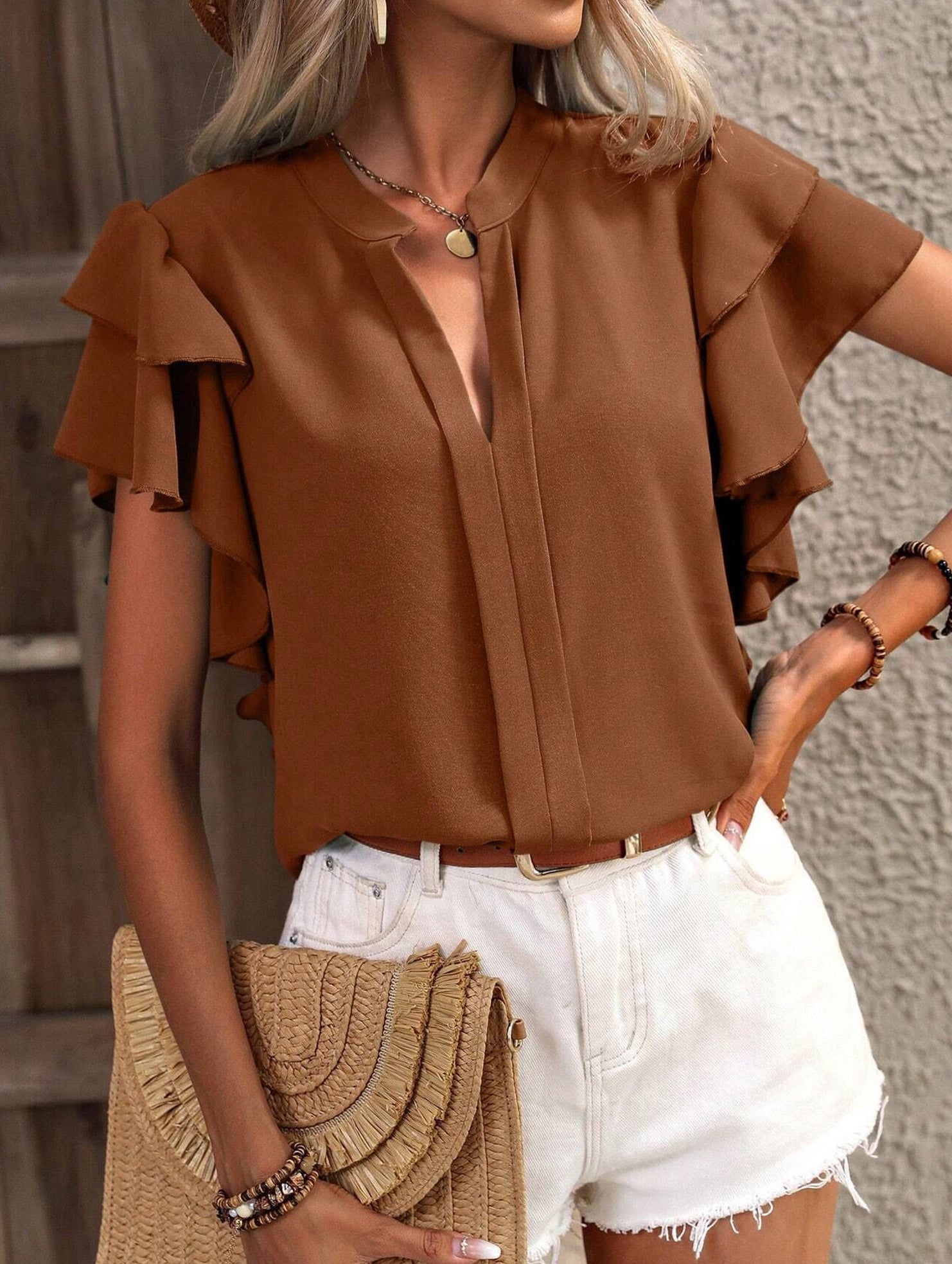 V Neck Double Ruffle Sleeve Blouse