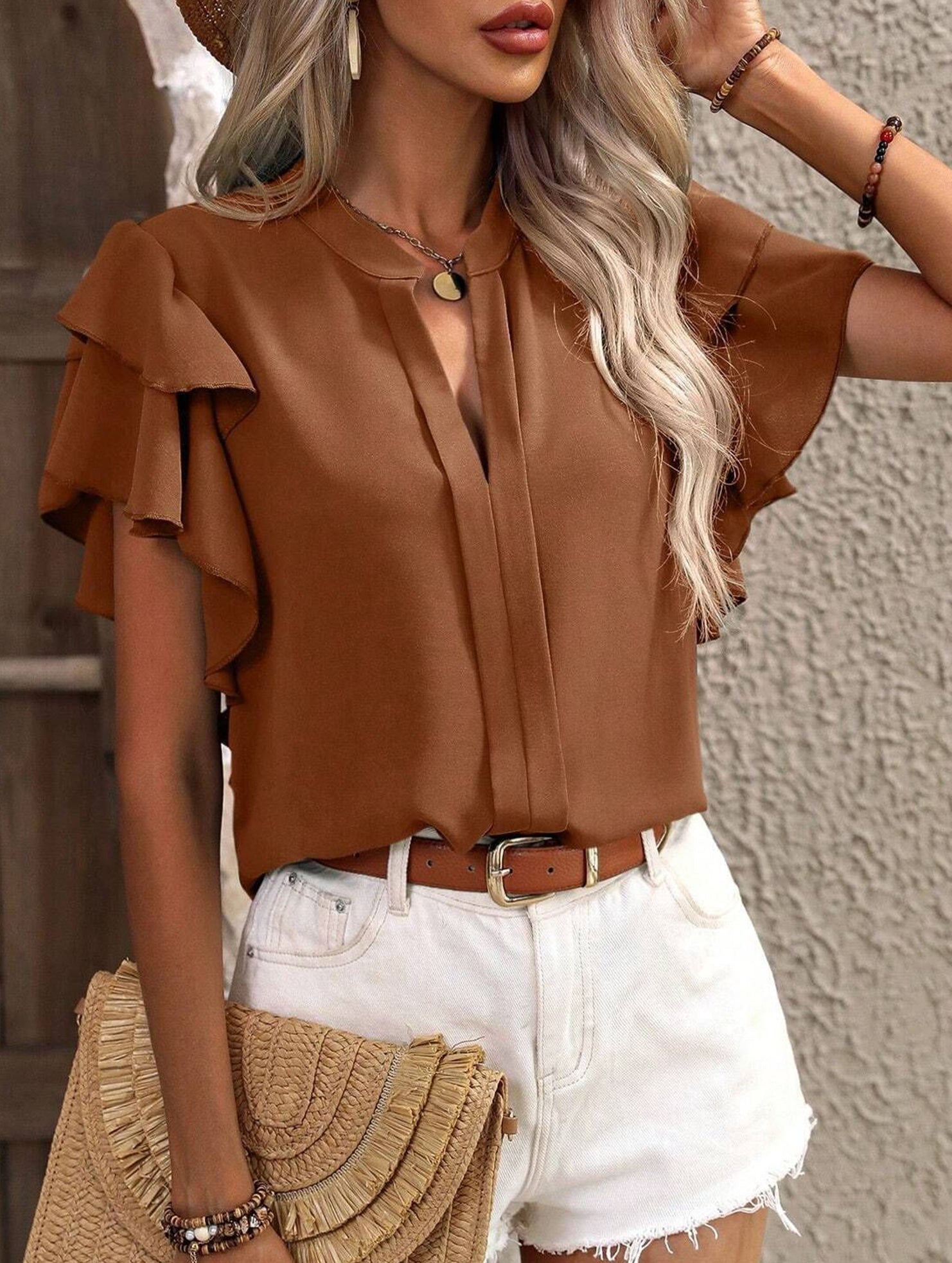V Neck Double Ruffle Sleeve Blouse